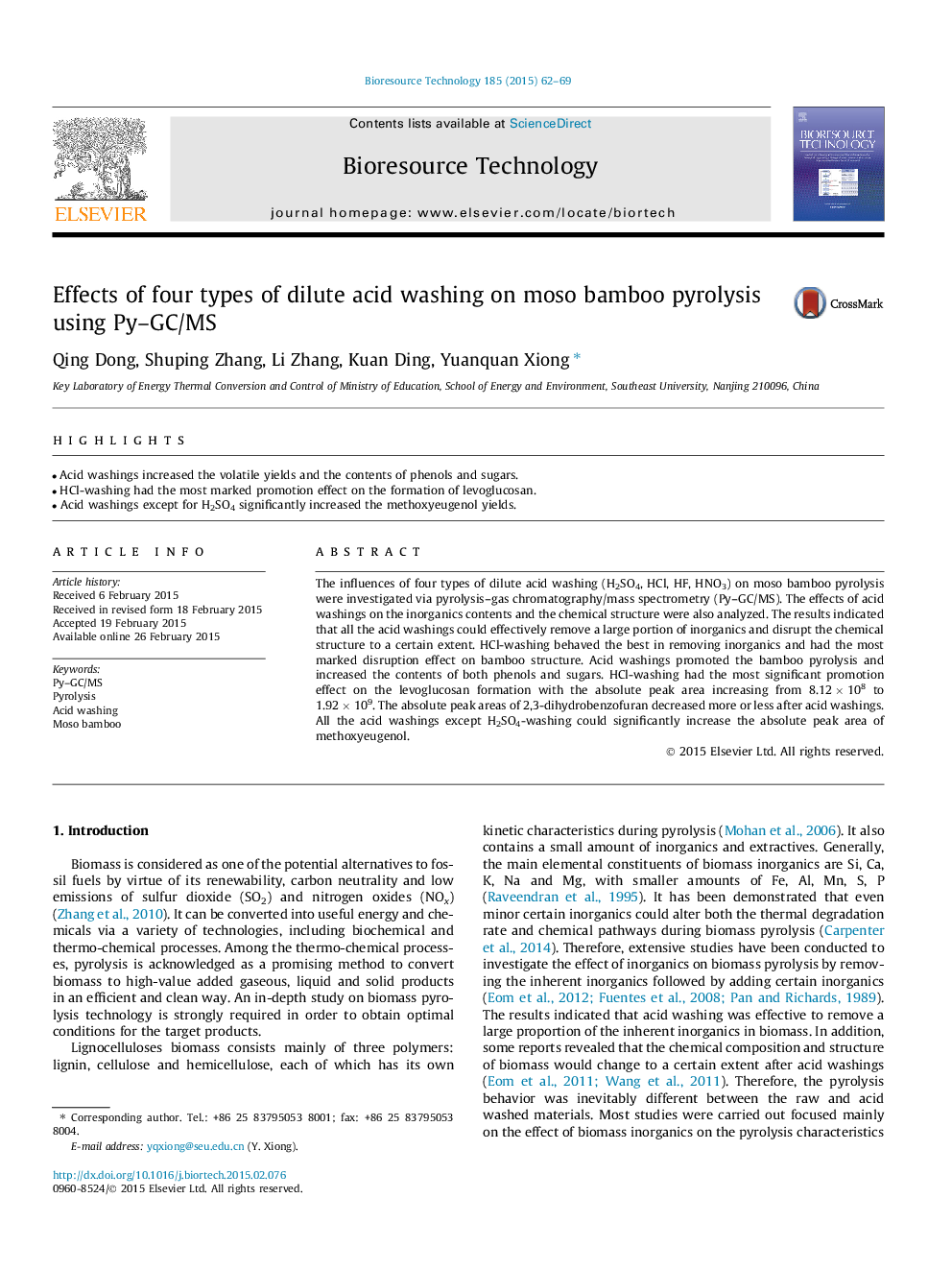 Effects of four types of dilute acid washing on moso bamboo pyrolysis using Py–GC/MS