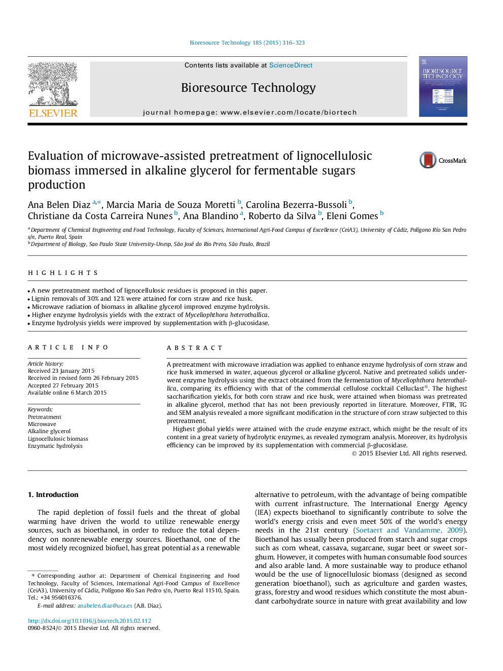 Evaluation of microwave-assisted pretreatment of lignocellulosic biomass immersed in alkaline glycerol for fermentable sugars production