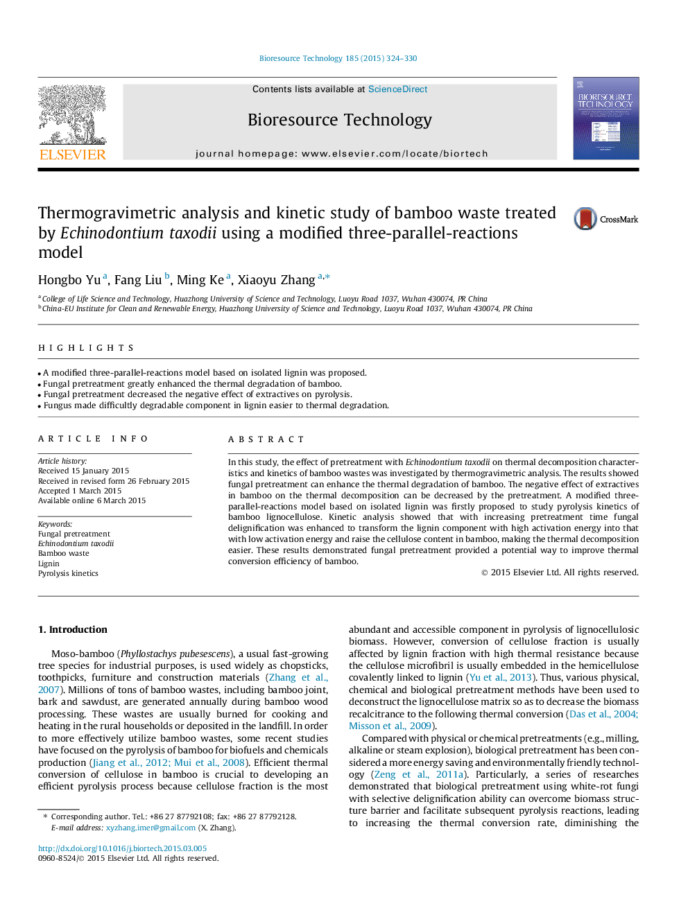 Thermogravimetric analysis and kinetic study of bamboo waste treated by Echinodontium taxodii using a modified three-parallel-reactions model