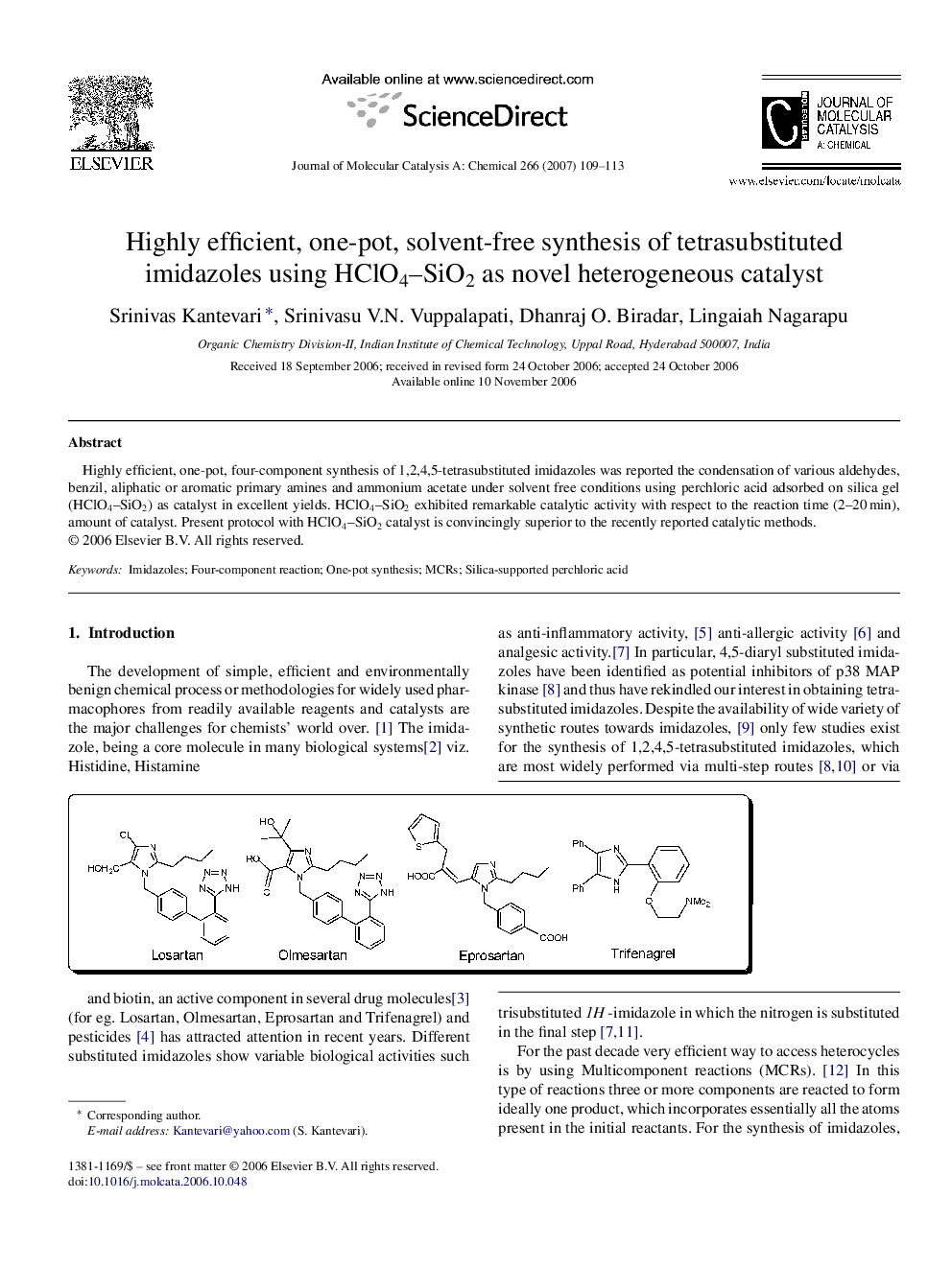 Highly efficient, one-pot, solvent-free synthesis of tetrasubstituted imidazoles using HClO4–SiO2 as novel heterogeneous catalyst