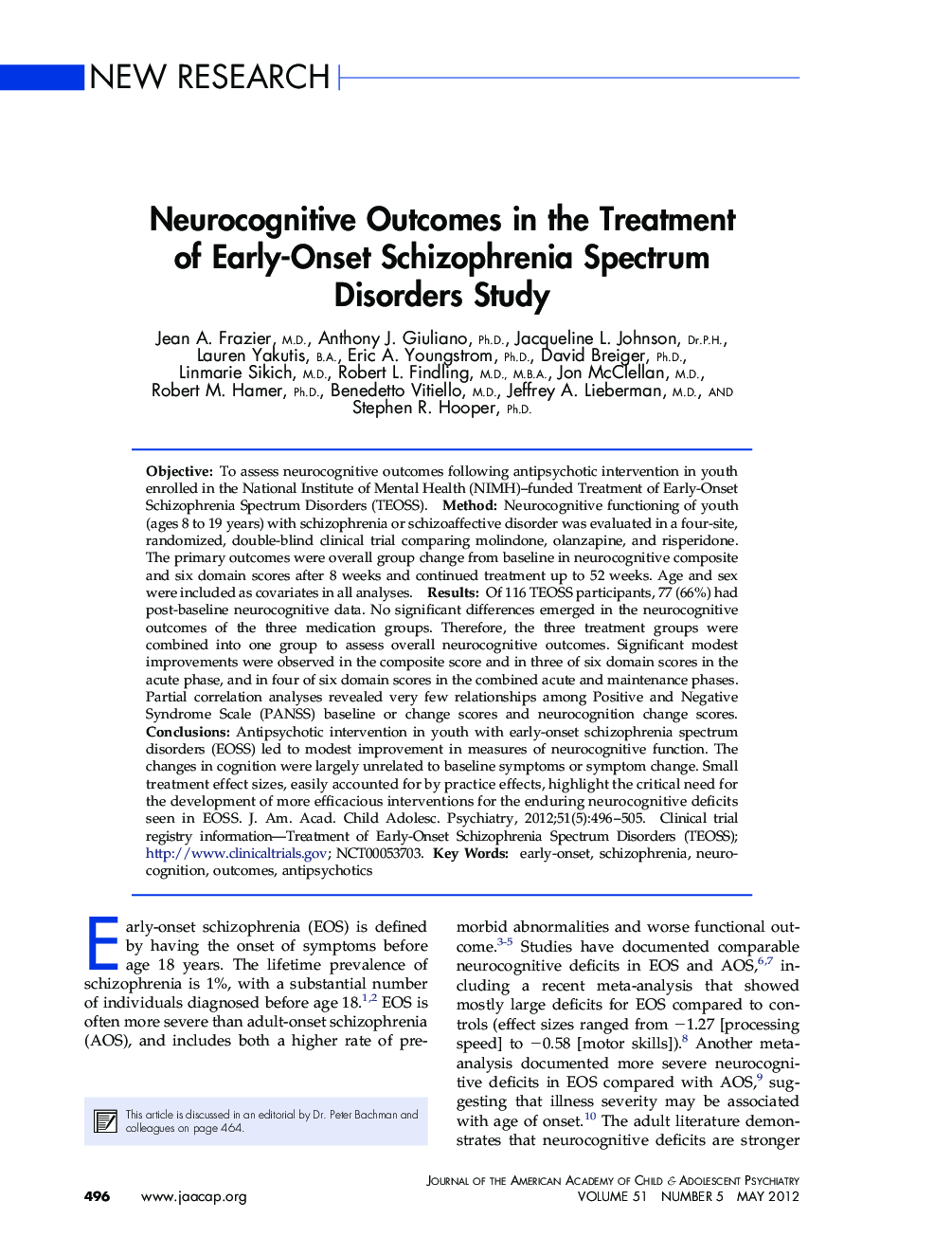 Neurocognitive Outcomes in the Treatment of Early-Onset Schizophrenia Spectrum Disorders Study