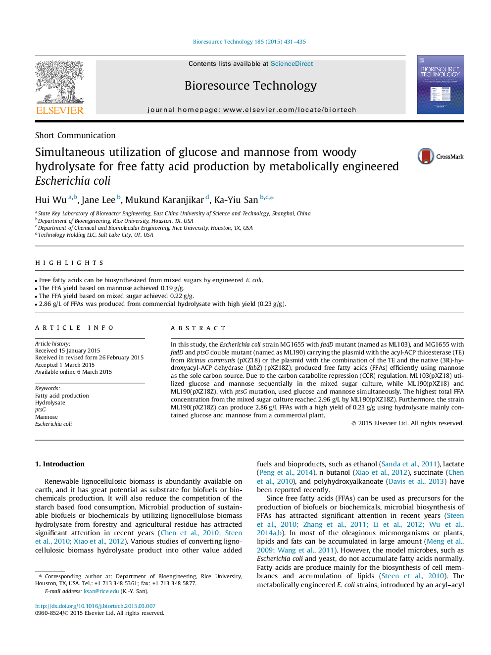 عکس صفحه اول مقاله: Simultaneous utilization of glucose and mannose from woody hydrolysate for free fatty acid production by metabolically engineered Escherichia coli Simultaneous utilization of glucose and mannose from woody hydrolysate for free fatty acid production by metabolically engineered Escherichia coli