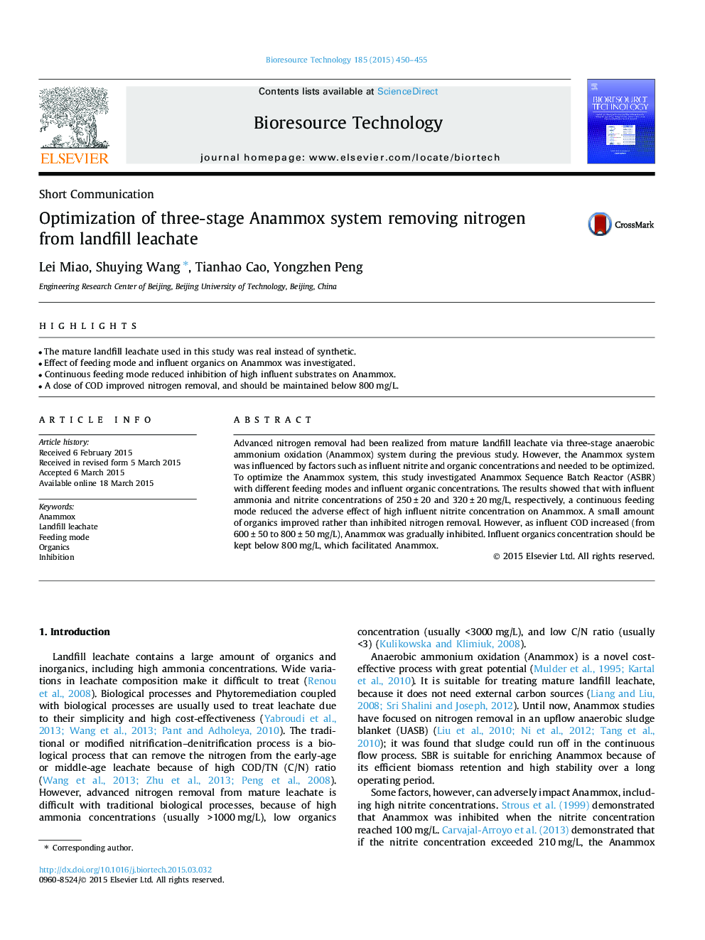Optimization of three-stage Anammox system removing nitrogen from landfill leachate