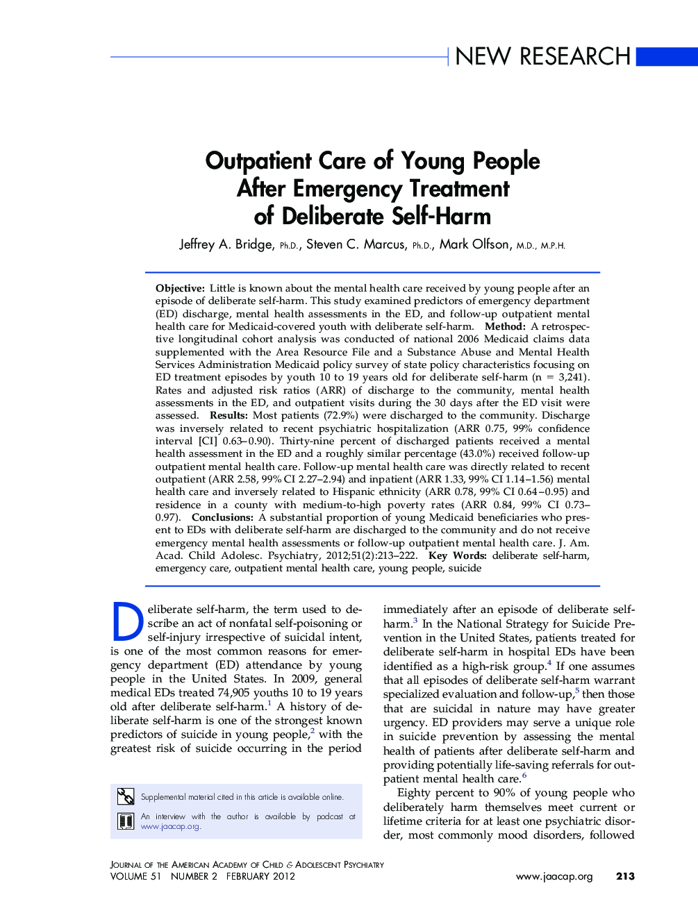 Outpatient Care of Young People After Emergency Treatment of Deliberate Self-Harm