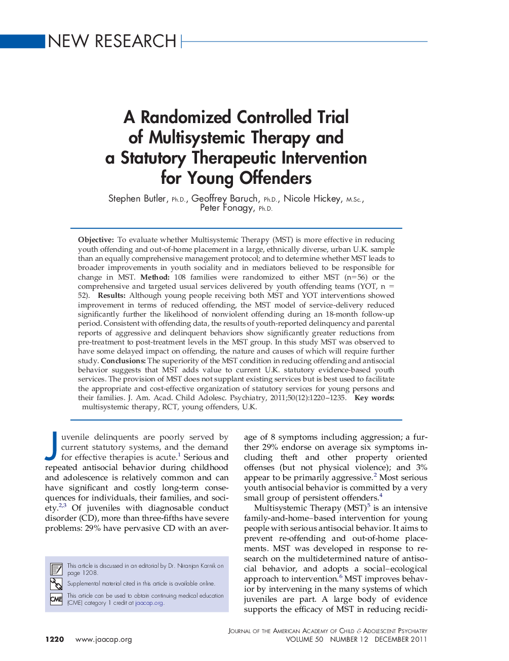 A Randomized Controlled Trial of Multisystemic Therapy and a Statutory Therapeutic Intervention for Young Offenders