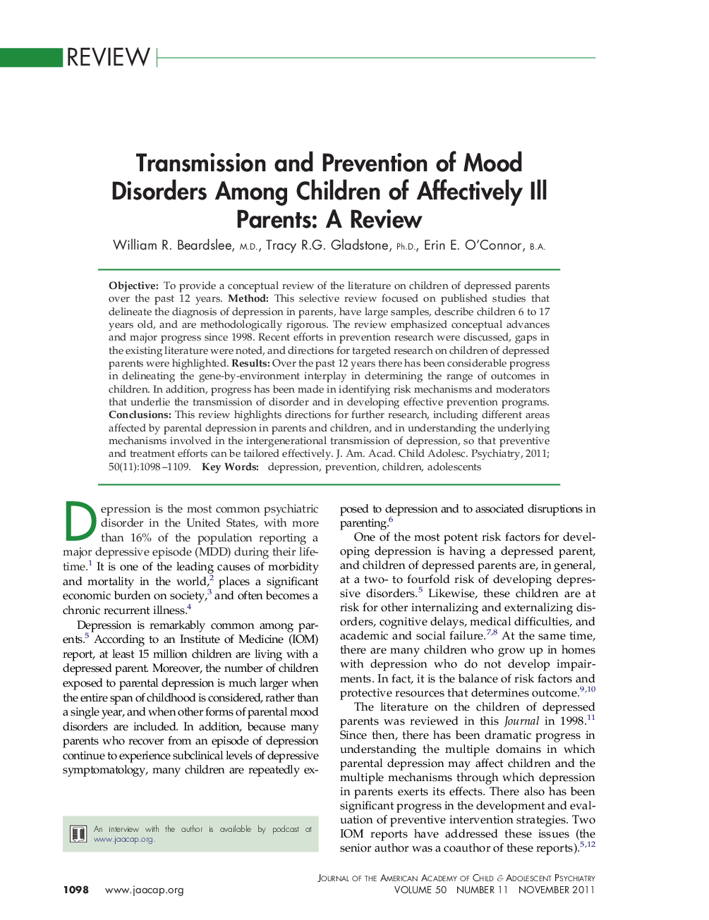 Transmission and Prevention of Mood Disorders Among Children of Affectively Ill Parents: A Review