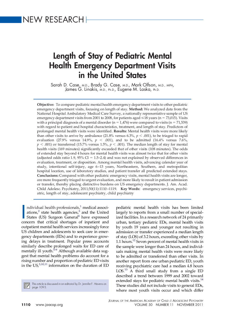 Length of Stay of Pediatric Mental Health Emergency Department Visits in the United States