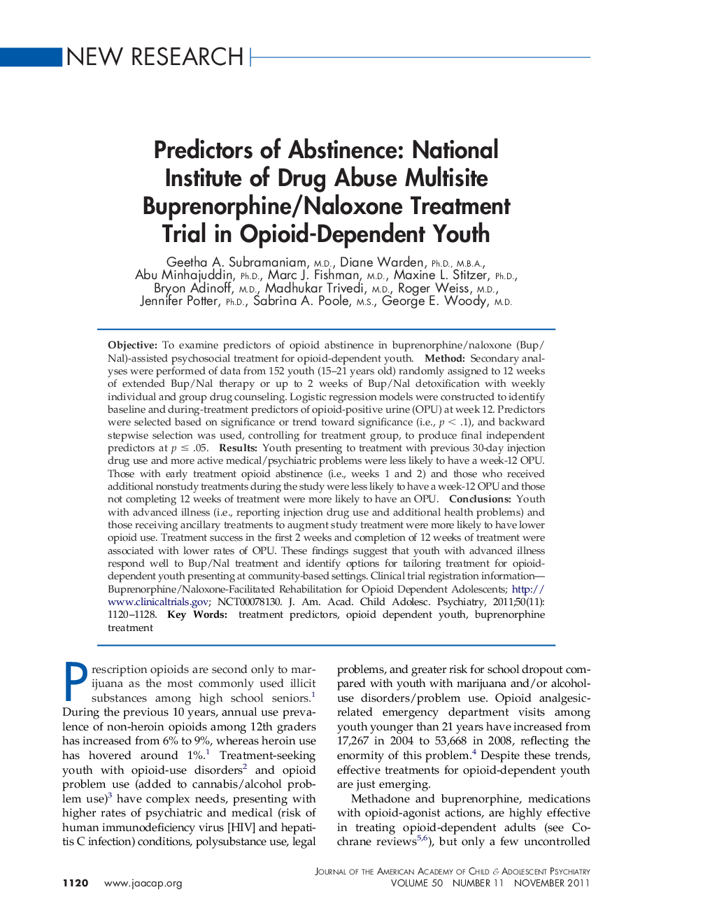 Predictors of Abstinence: National Institute of Drug Abuse Multisite Buprenorphine/Naloxone Treatment Trial in Opioid-Dependent Youth