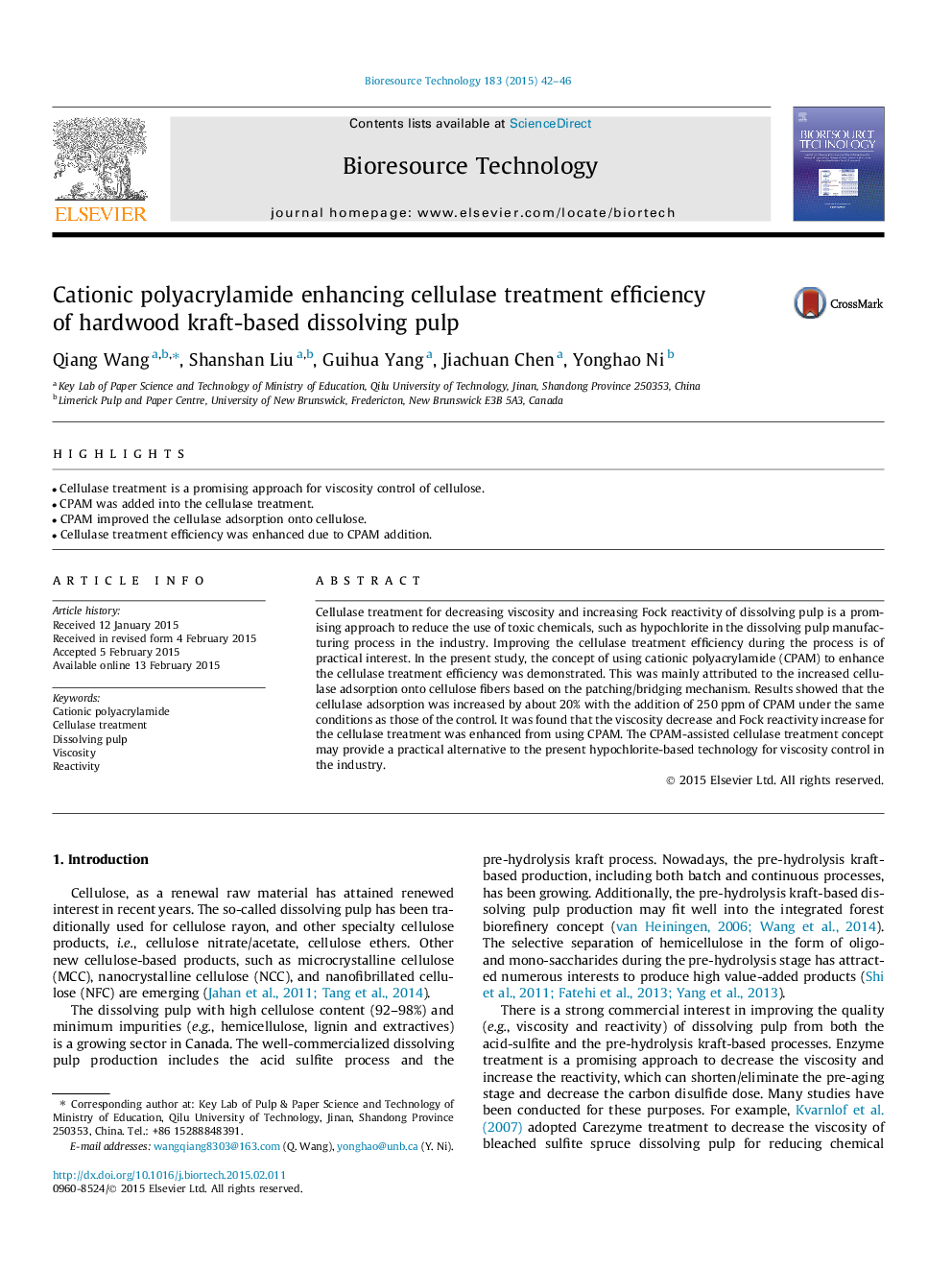 Cationic polyacrylamide enhancing cellulase treatment efficiency of hardwood kraft-based dissolving pulp