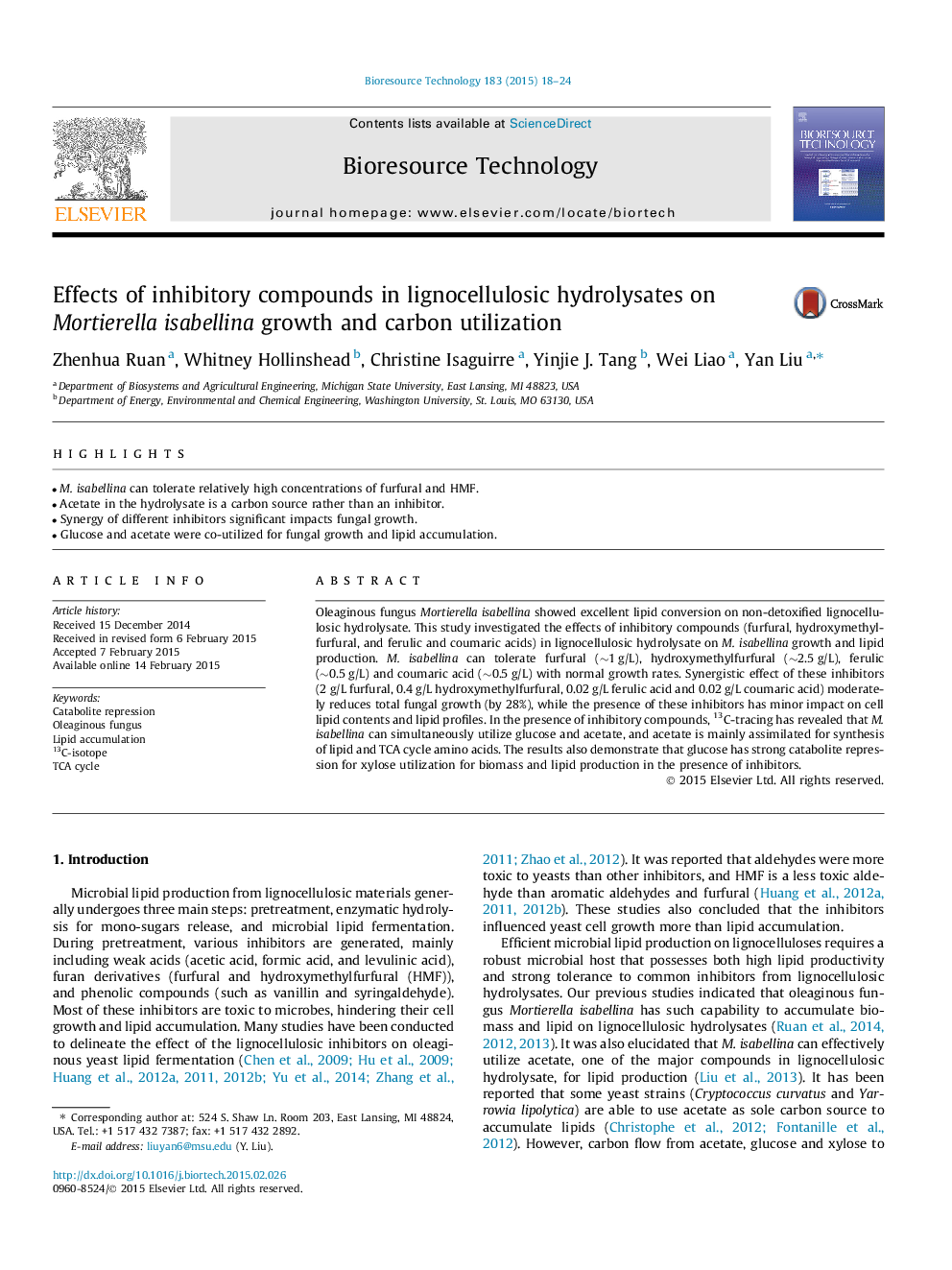 Effects of inhibitory compounds in lignocellulosic hydrolysates on Mortierella isabellina growth and carbon utilization