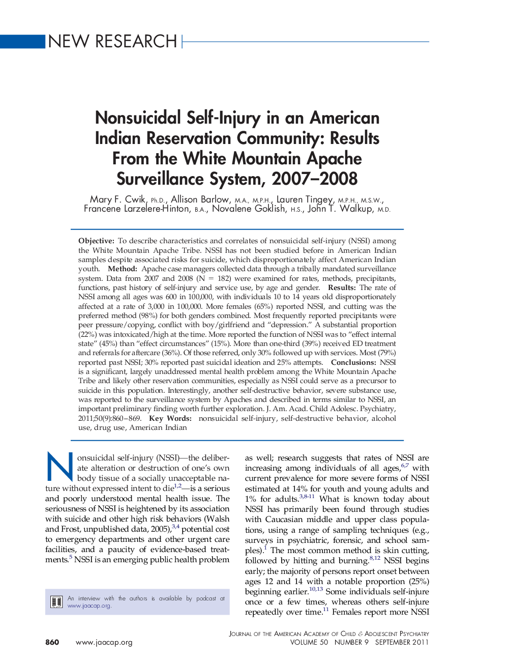 Nonsuicidal Self-Injury in an American Indian Reservation Community: Results From the White Mountain Apache Surveillance System, 2007-2008