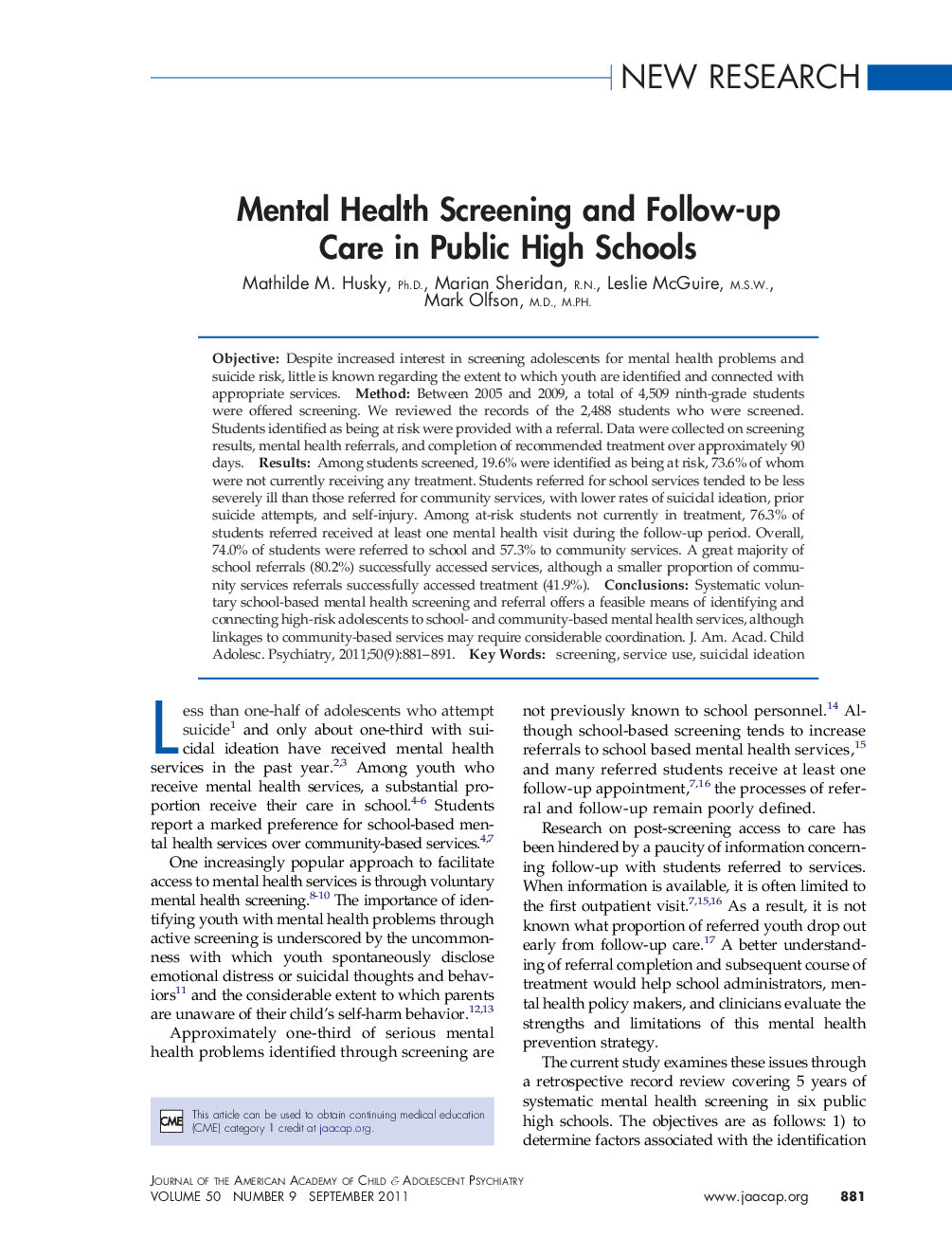 Mental Health Screening and Follow-up Care in Public High Schools