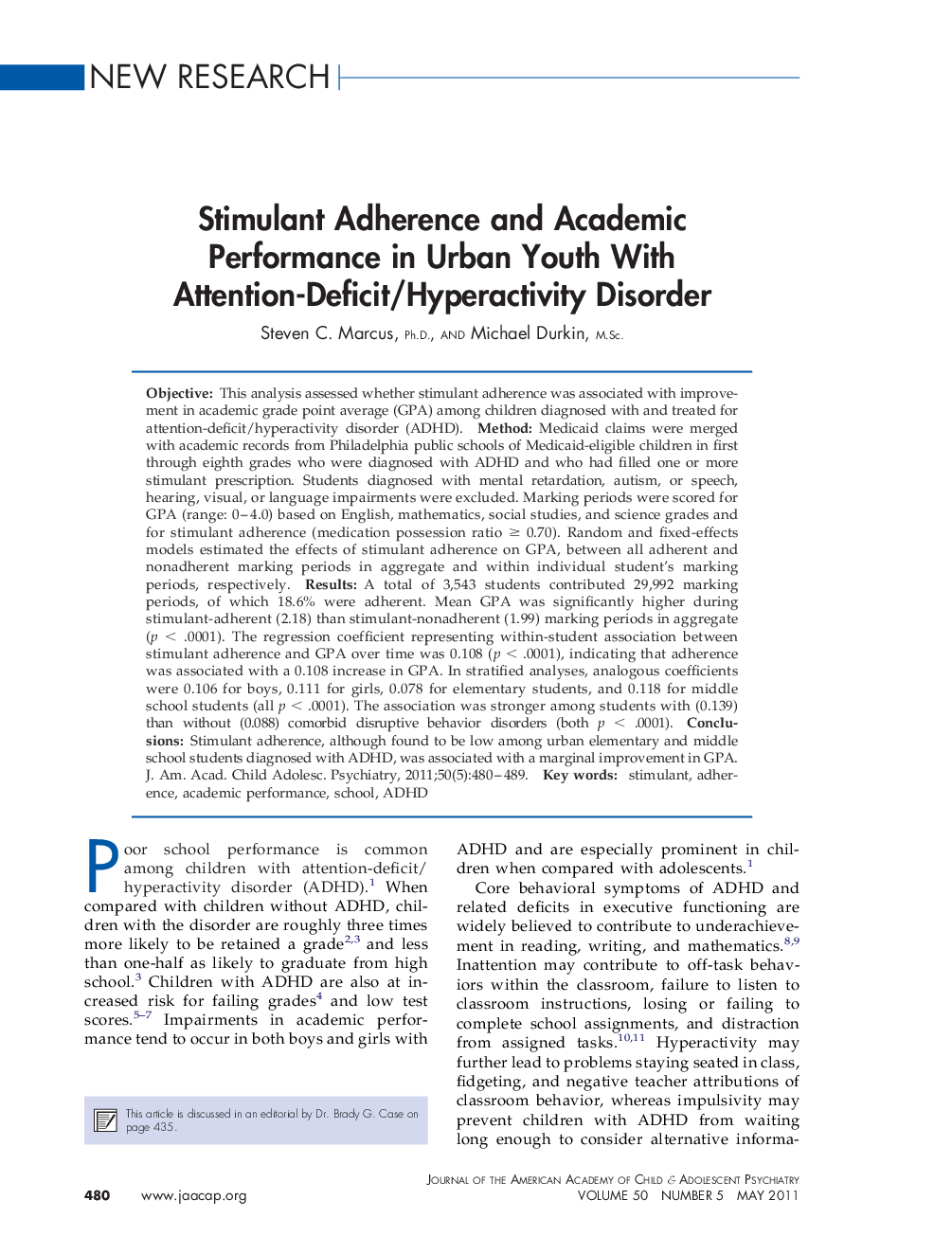 Stimulant Adherence and Academic Performance in Urban Youth With Attention-Deficit/Hyperactivity Disorder