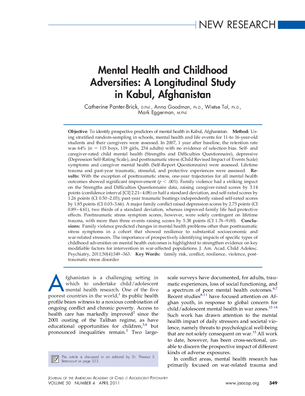 Mental Health and Childhood Adversities: A Longitudinal Study in Kabul, Afghanistan