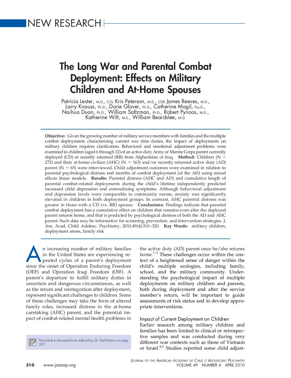 The Long War and Parental Combat Deployment: Effects on Military Children and At-Home Spouses