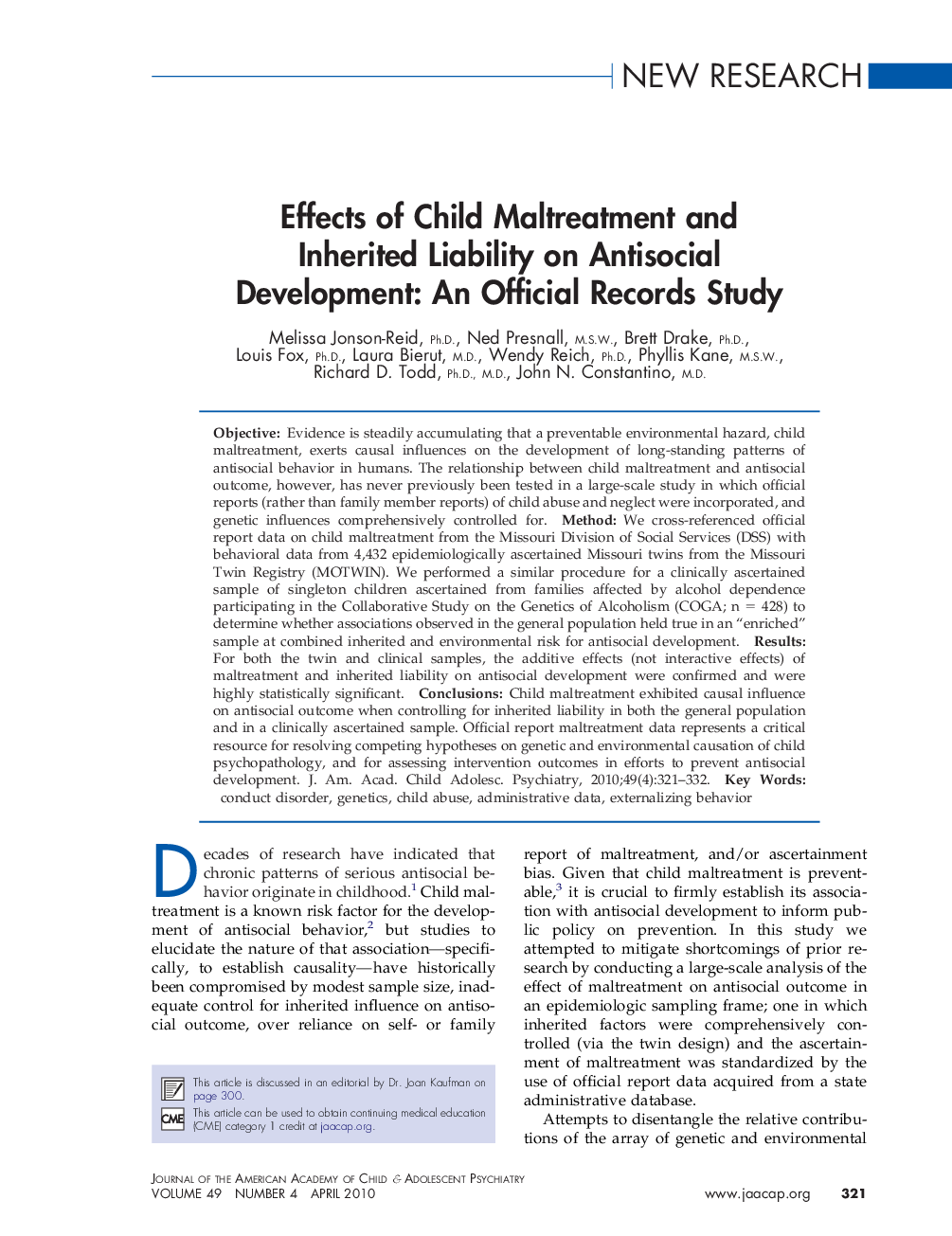 Effects of Child Maltreatment and Inherited Liability on Antisocial Development: An Official Records Study