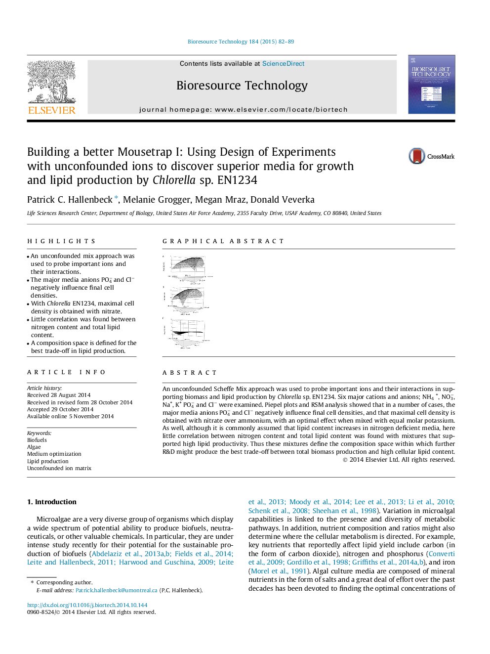 Building a better Mousetrap I: Using Design of Experiments with unconfounded ions to discover superior media for growth and lipid production by Chlorella sp. EN1234