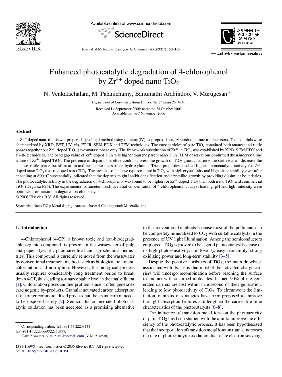 Enhanced photocatalytic degradation of 4-chlorophenol by Zr4+ doped nano TiO2