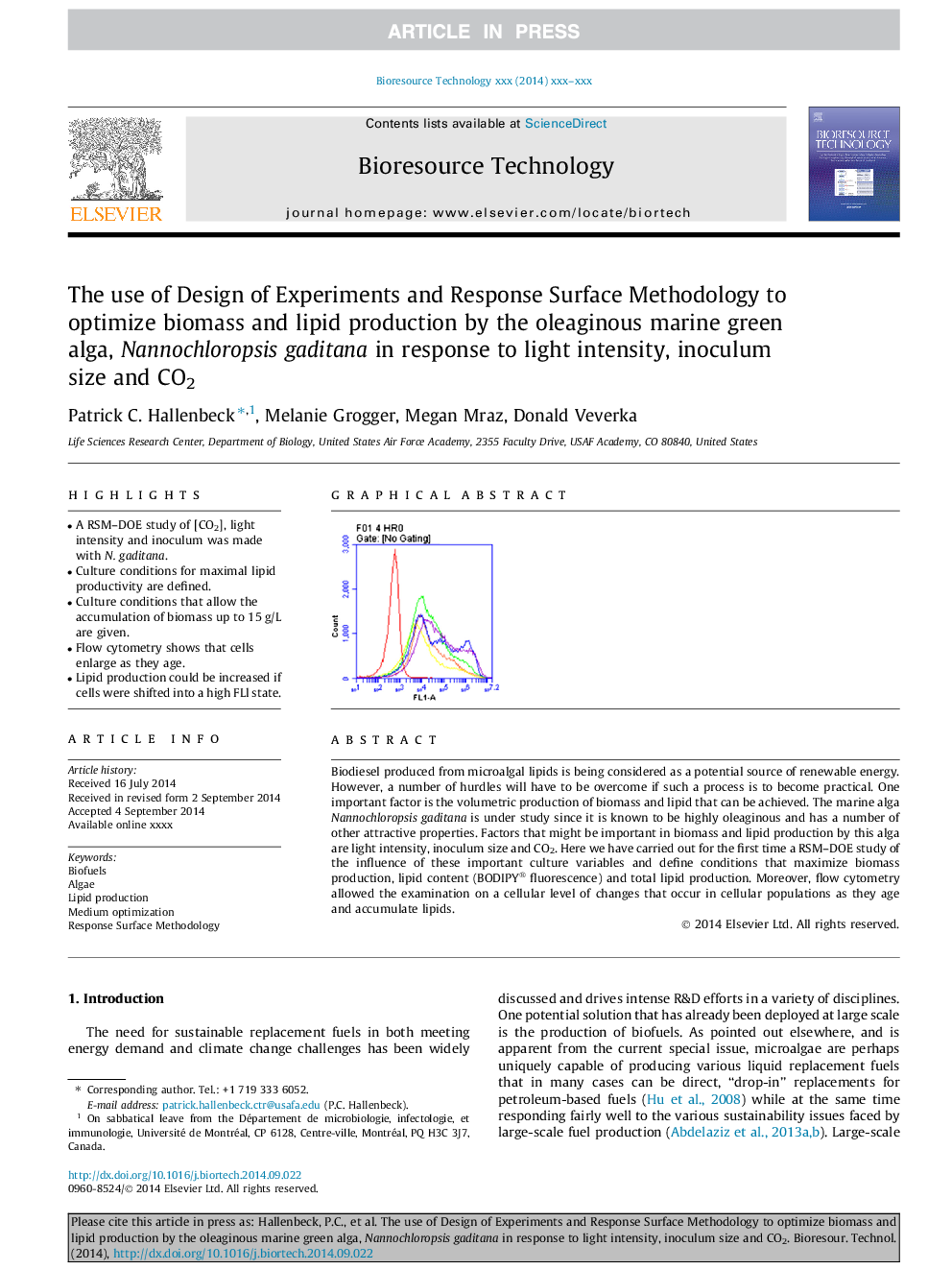 The use of Design of Experiments and Response Surface Methodology to optimize biomass and lipid production by the oleaginous marine green alga, Nannochloropsis gaditana in response to light intensity, inoculum size and CO2