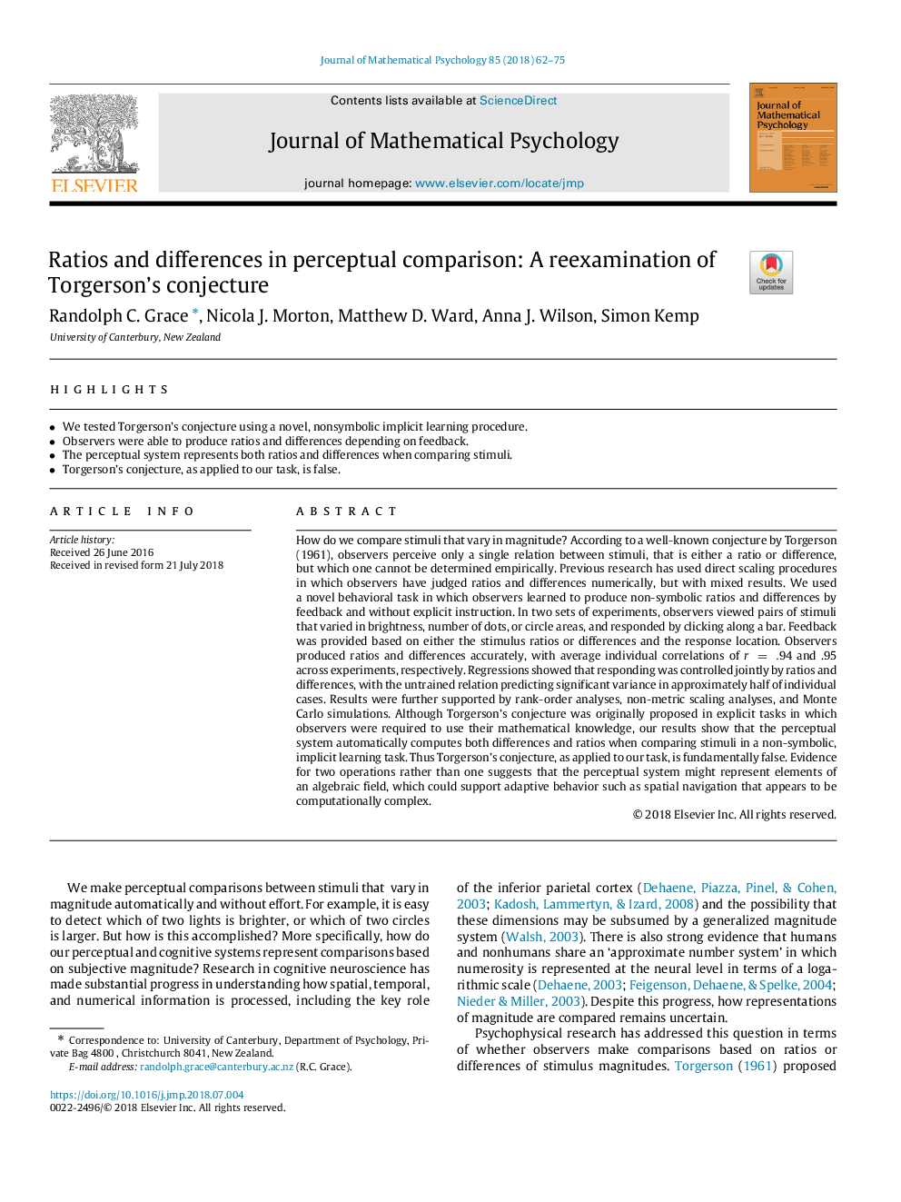 عکس صفحه اول مقاله: Ratios and differences in perceptual comparison: A reexamination of Torgerson's conjecture Ratios and differences in perceptual comparison: A reexamination of Torgerson's conjecture