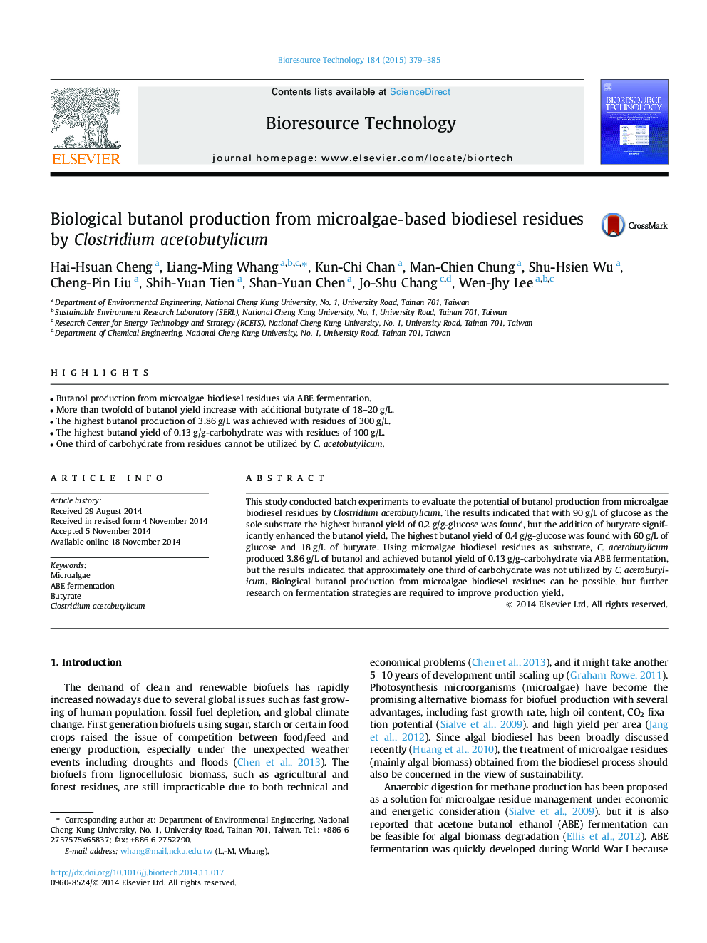 Biological butanol production from microalgae-based biodiesel residues by Clostridium acetobutylicum