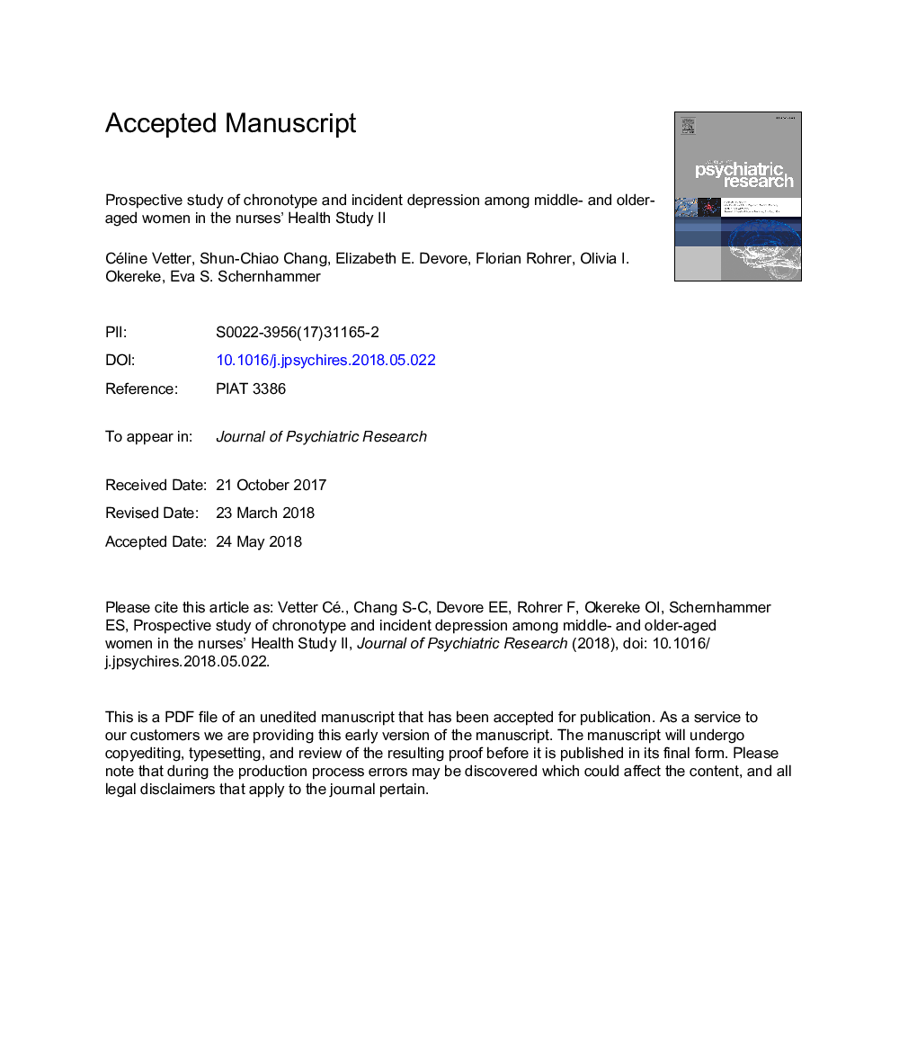 Prospective study of chronotype and incident depression among middle- and older-aged women in the Nurses' Health Study II