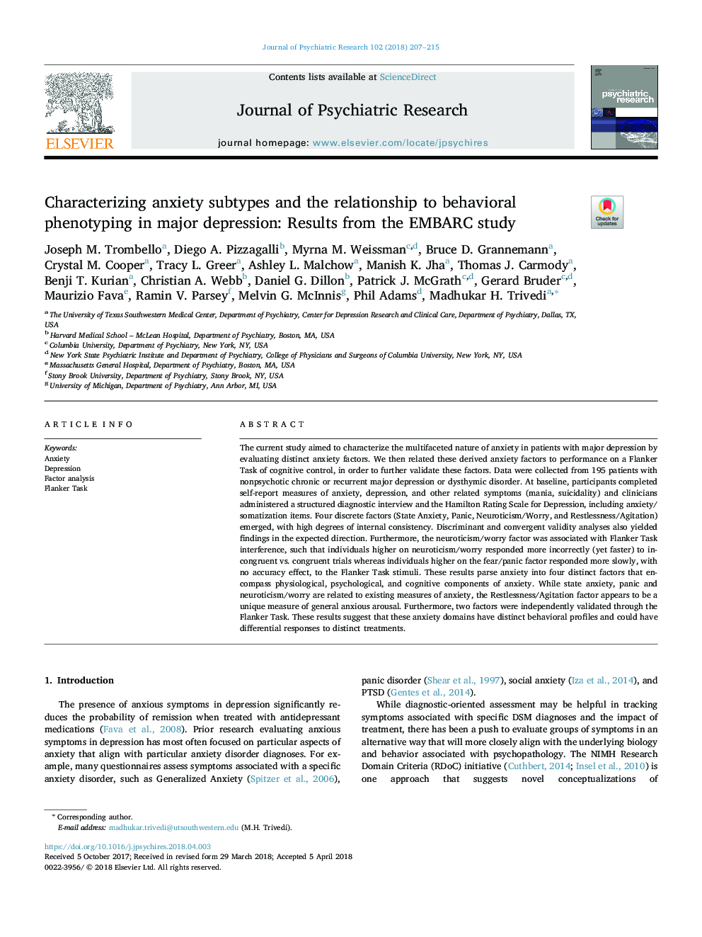 Characterizing anxiety subtypes and the relationship to behavioral phenotyping in major depression: Results from the EMBARC study