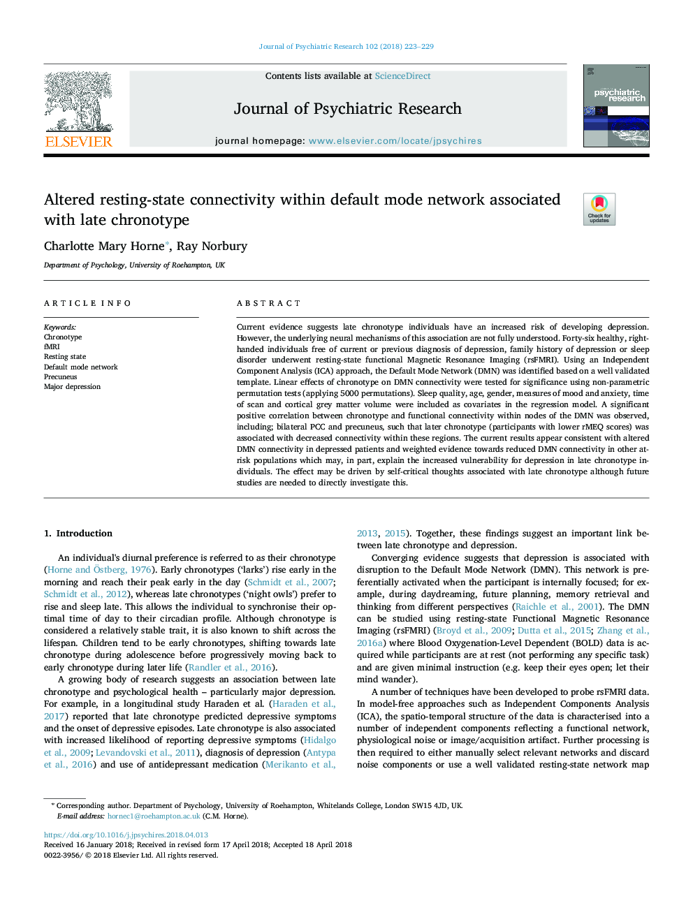 Altered resting-state connectivity within default mode network associated with late chronotype