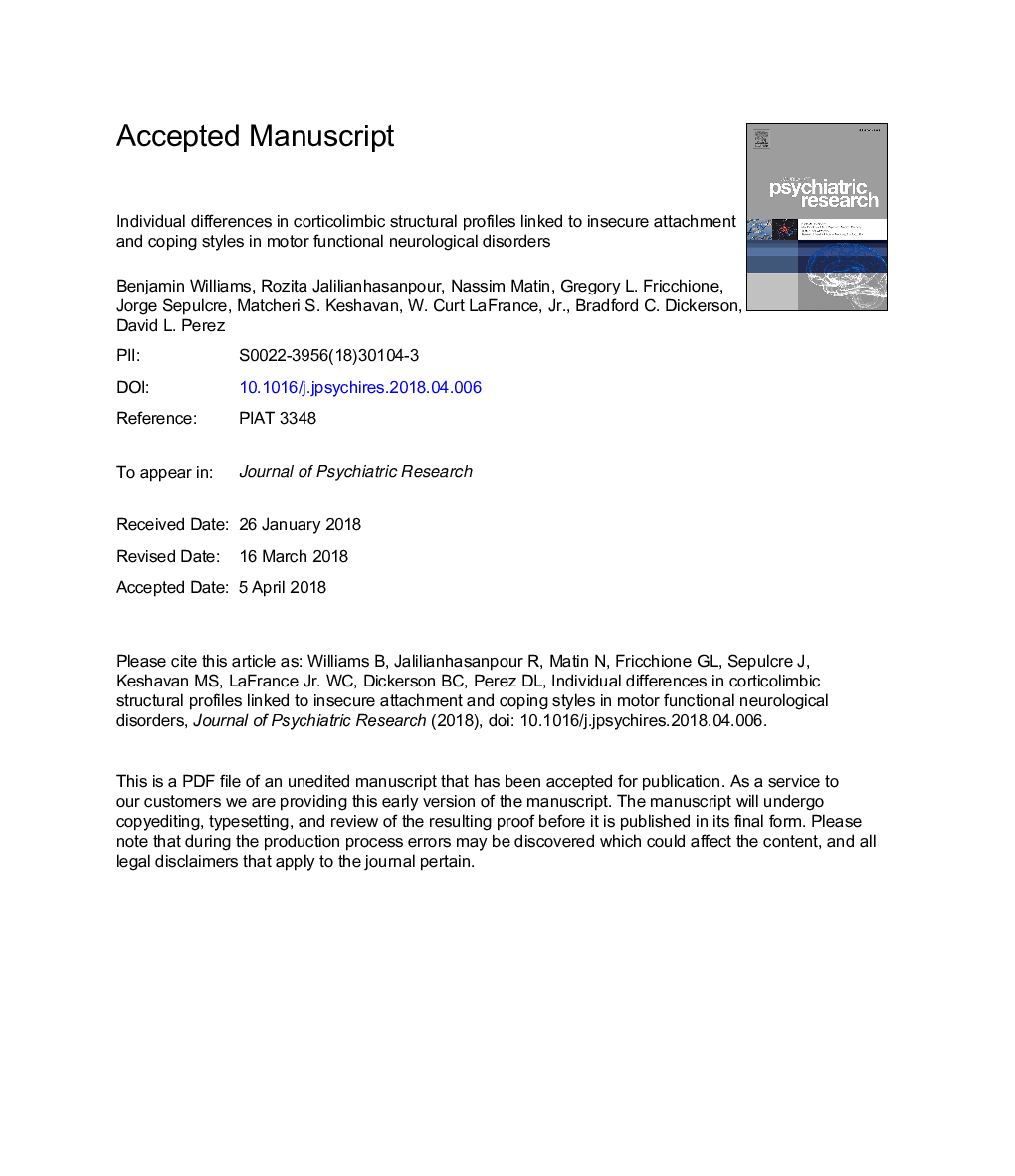 Individual differences in corticolimbic structural profiles linked to insecure attachment and coping styles in motor functional neurological disorders