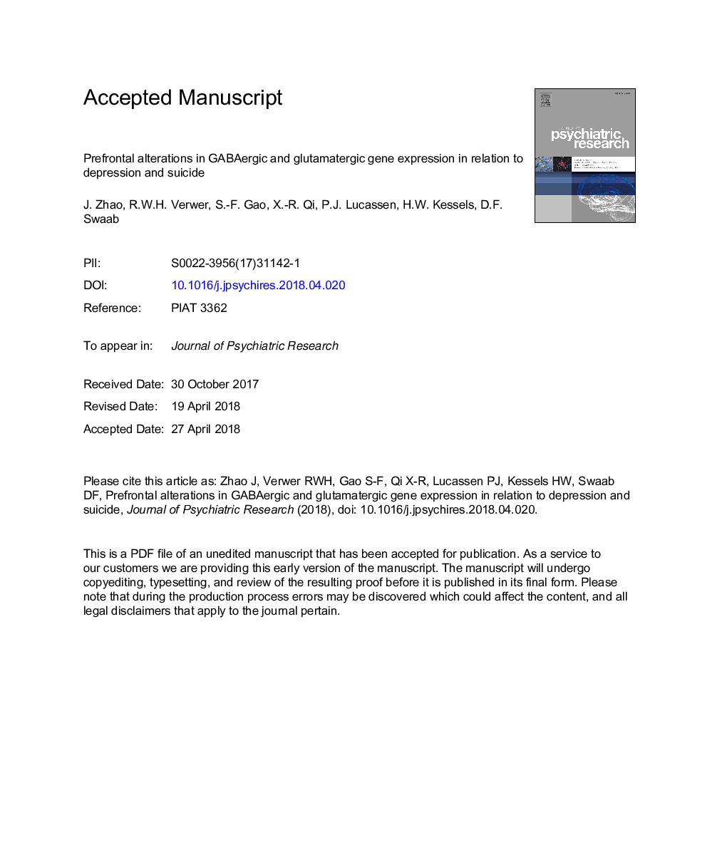 Prefrontal alterations in GABAergic and glutamatergic gene expression in relation to depression and suicide