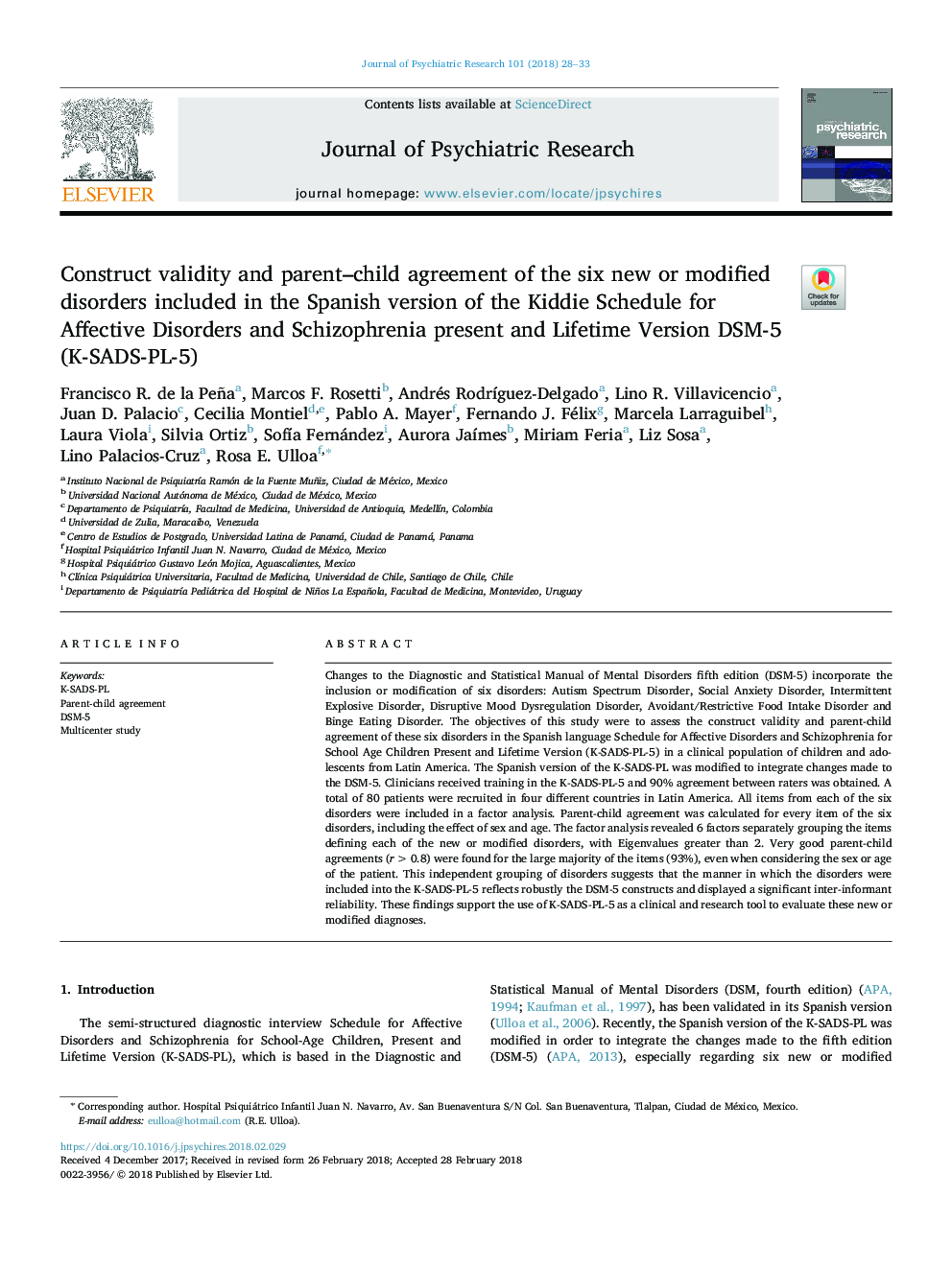 Construct validity and parent-child agreement of the six new or modified disorders included in the Spanish version of the Kiddie Schedule for Affective Disorders and Schizophrenia present and Lifetime Version DSM-5 (K-SADS-PL-5)