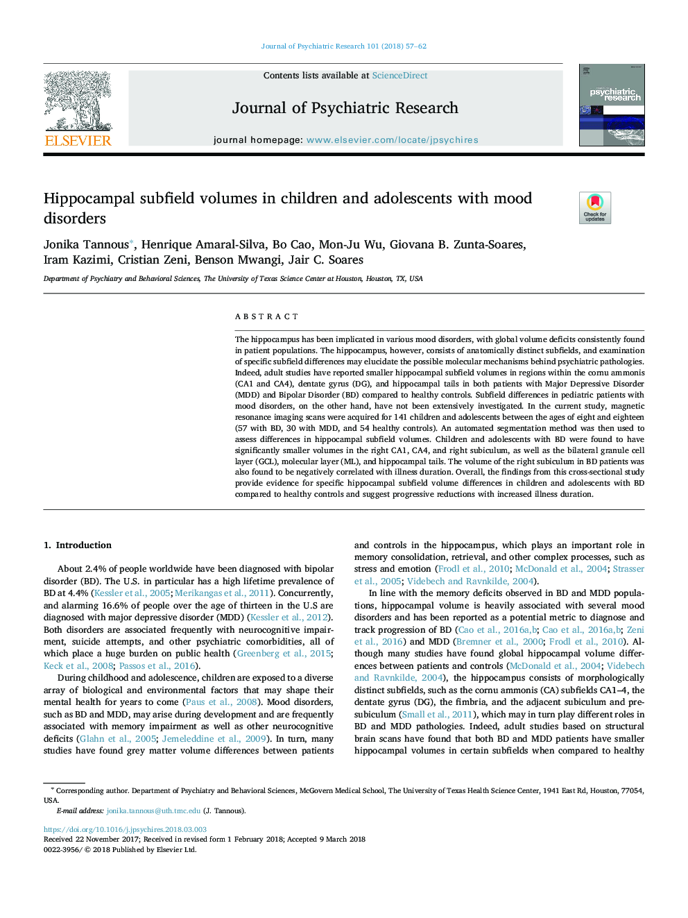 Hippocampal subfield volumes in children and adolescents with mood disorders