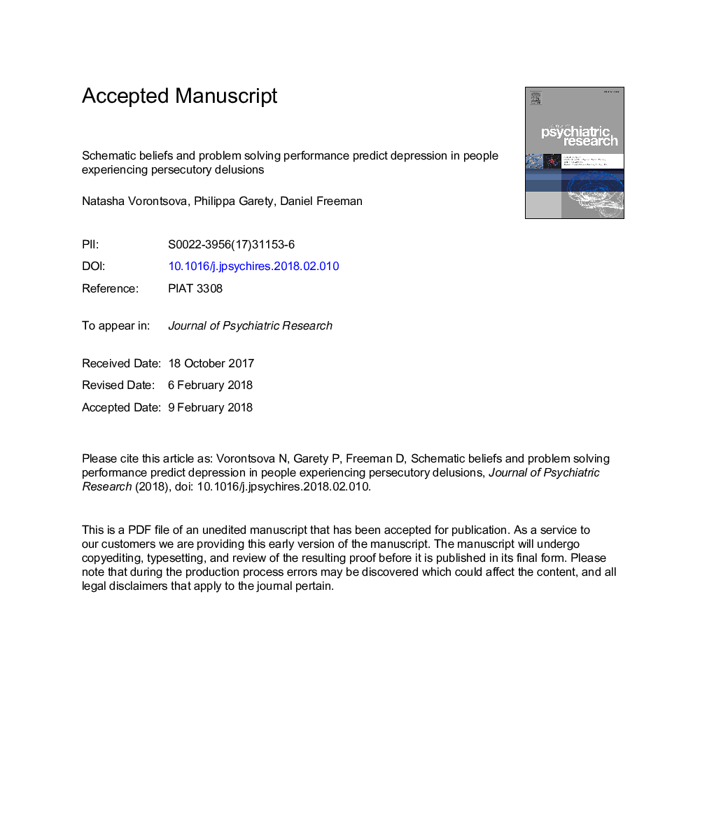 Schematic beliefs and problem solving performance predict depression in people experiencing persecutory delusions