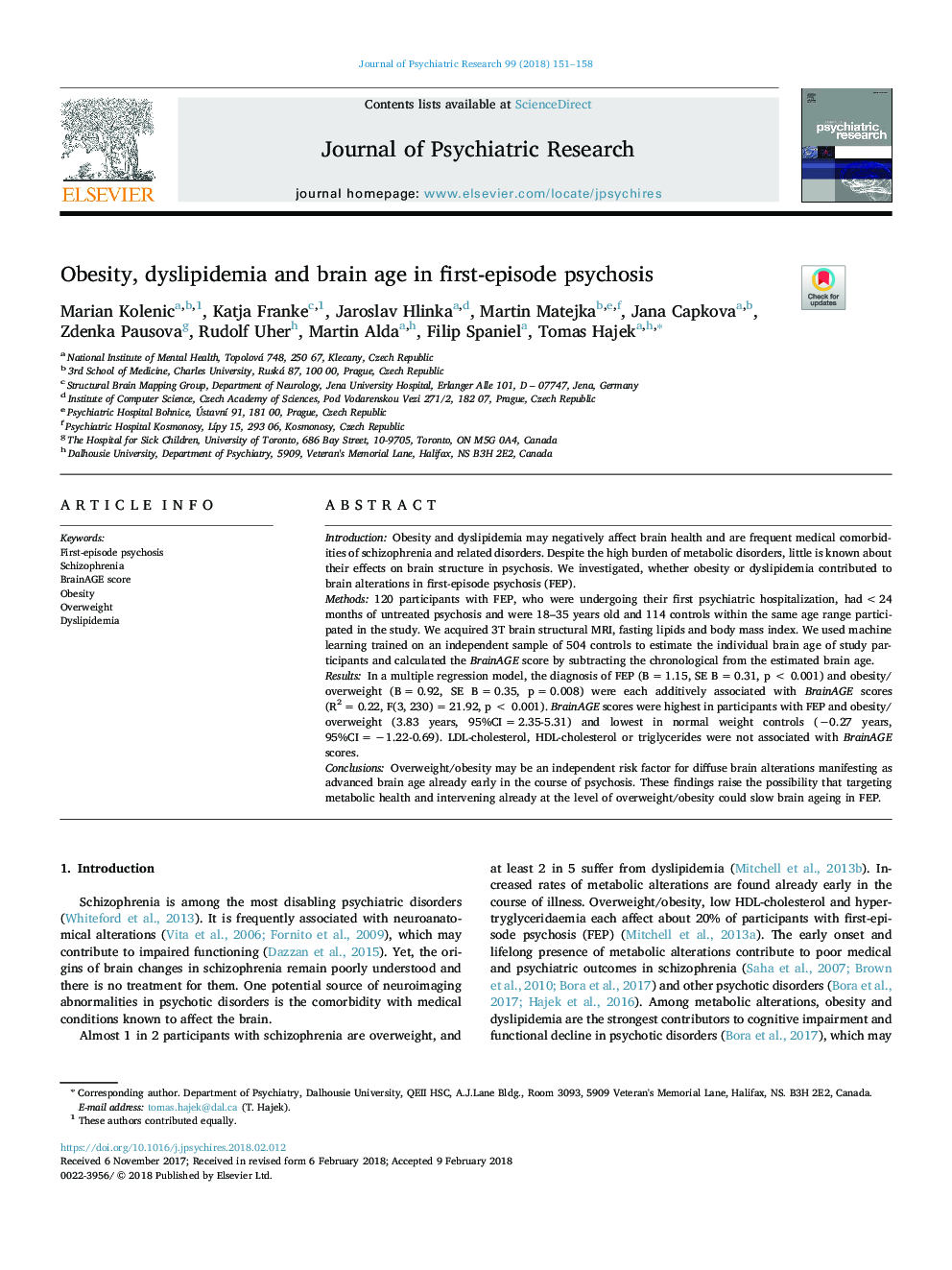 Obesity, dyslipidemia and brain age in first-episode psychosis