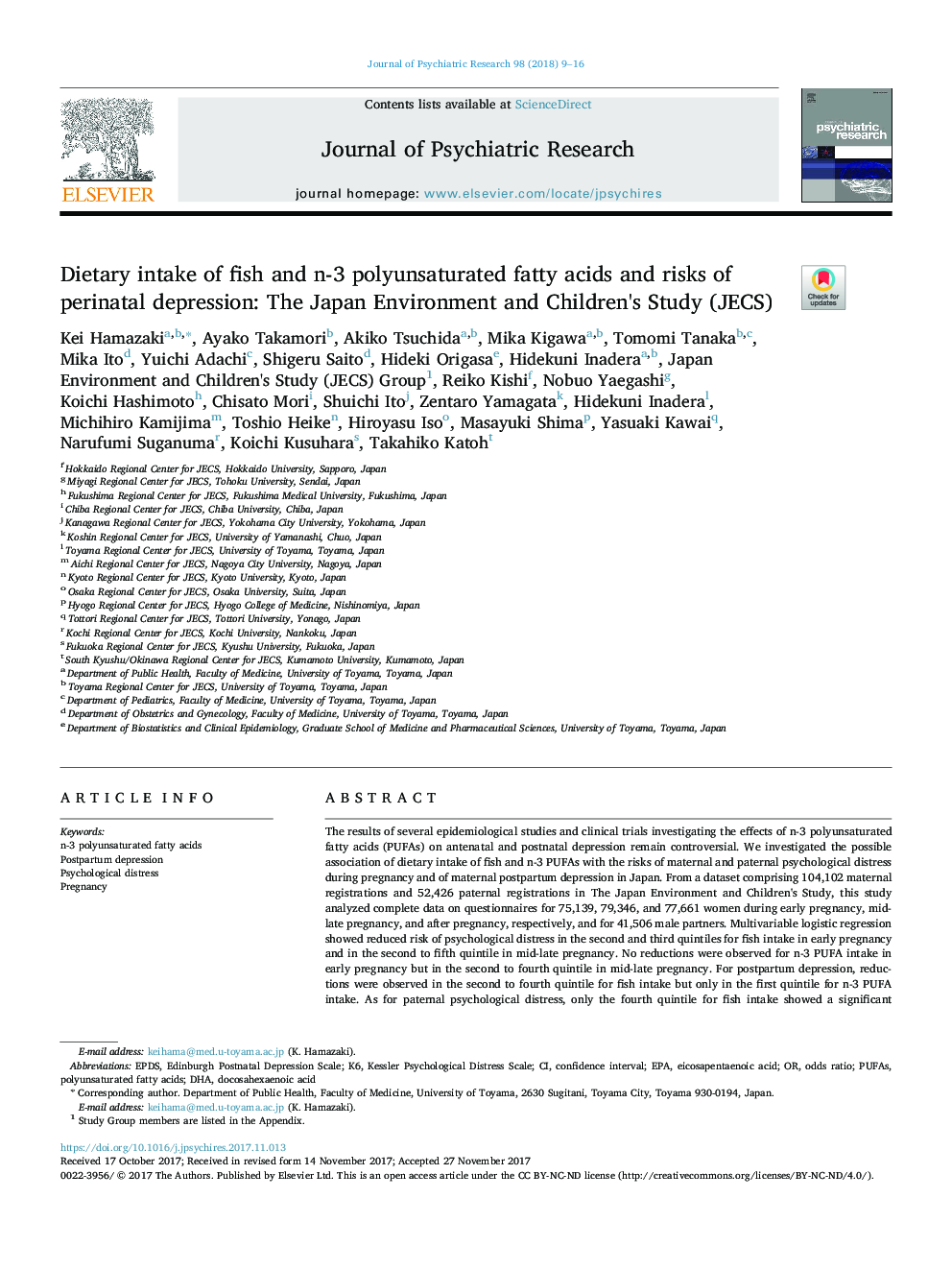 Dietary intake of fish and n-3 polyunsaturated fatty acids and risks of perinatal depression: The Japan Environment and Children's Study (JECS)