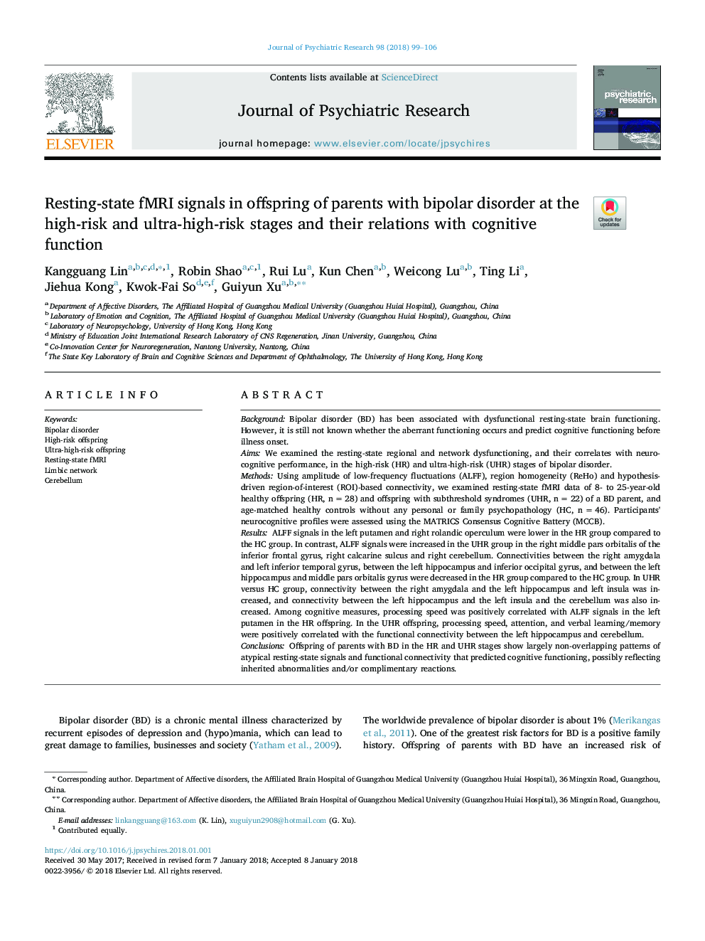 Resting-state fMRI signals in offspring of parents with bipolar disorder at the high-risk and ultra-high-risk stages and their relations with cognitive function