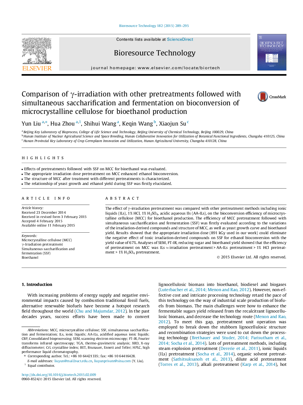 Comparison of Î³-irradiation with other pretreatments followed with simultaneous saccharification and fermentation on bioconversion of microcrystalline cellulose for bioethanol production