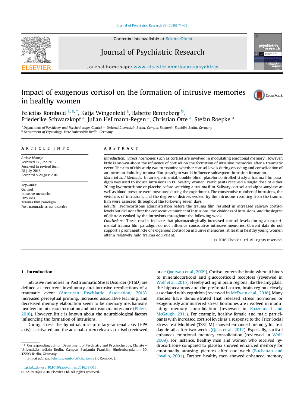 Impact of exogenous cortisol on the formation of intrusive memories in healthy women