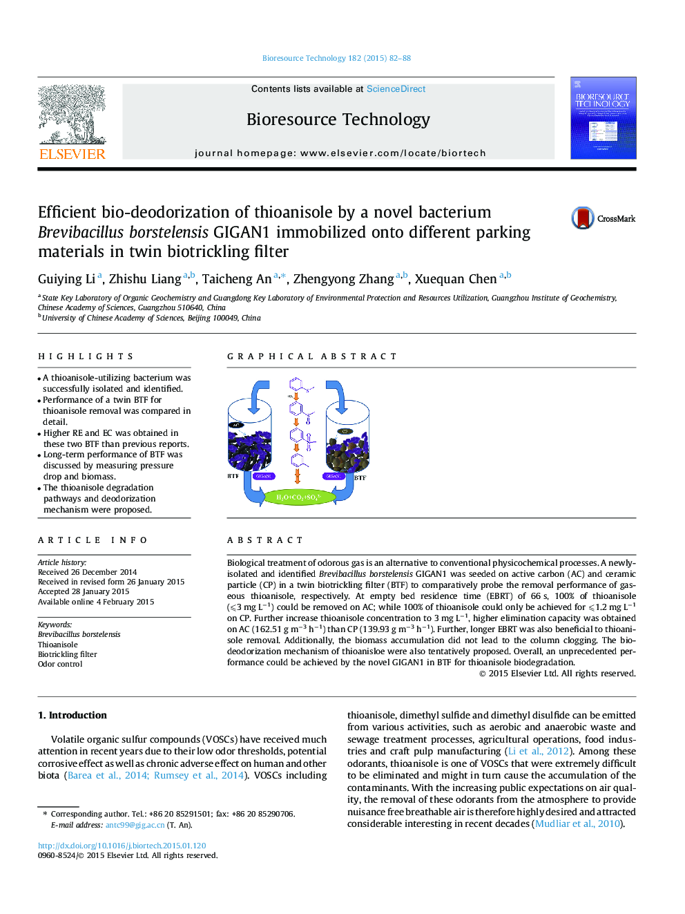 Efficient bio-deodorization of thioanisole by a novel bacterium Brevibacillus borstelensis GIGAN1 immobilized onto different parking materials in twin biotrickling filter