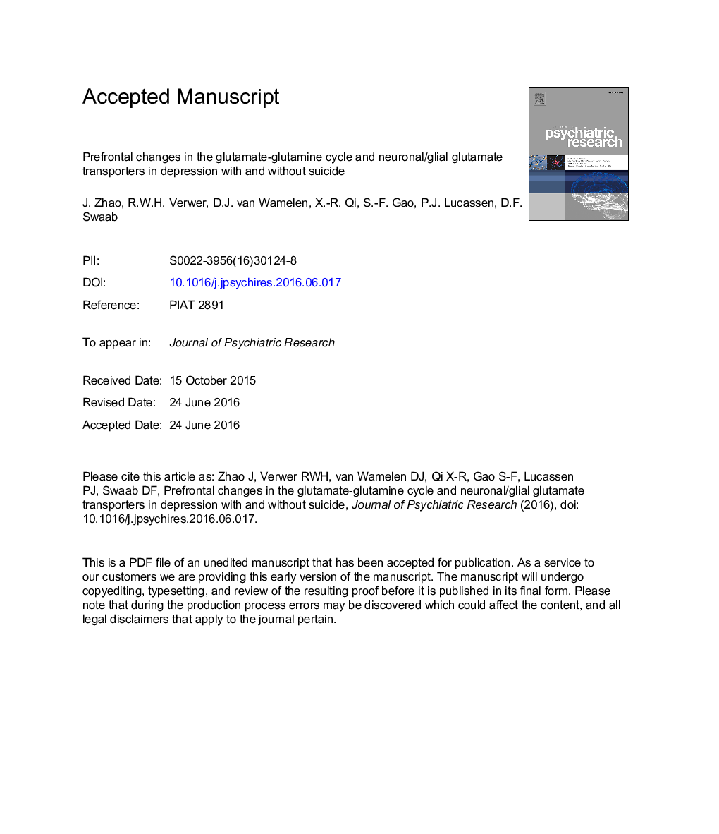 Prefrontal changes in the glutamate-glutamine cycle and neuronal/glial glutamate transporters in depression with and without suicide