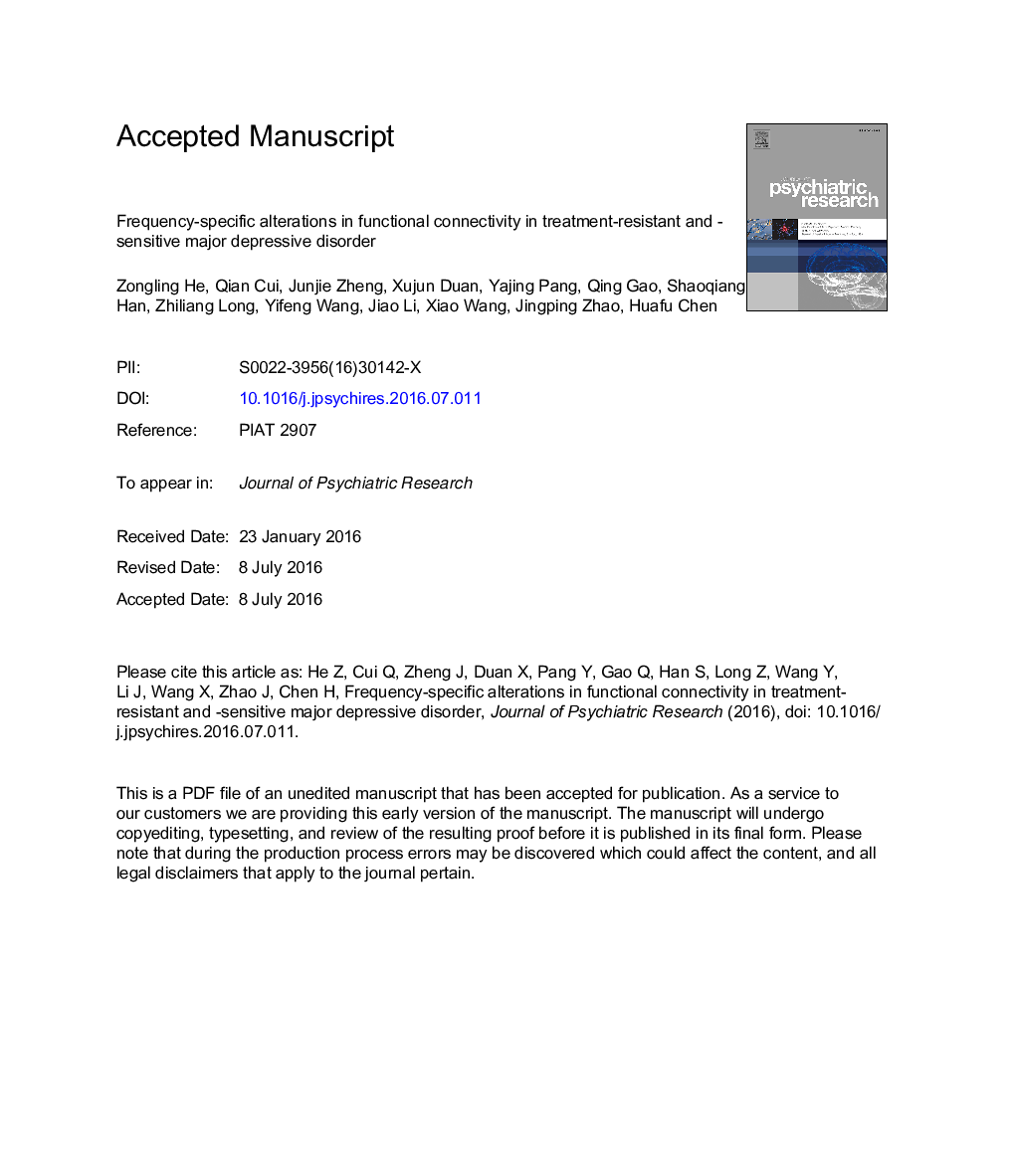 Frequency-specific alterations in functional connectivity in treatment-resistant and -sensitive major depressive disorder