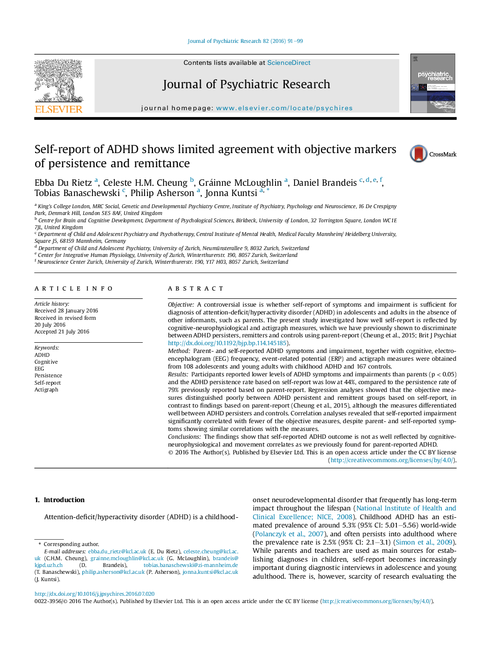 Self-report of ADHD shows limited agreement with objective markers of persistence and remittance