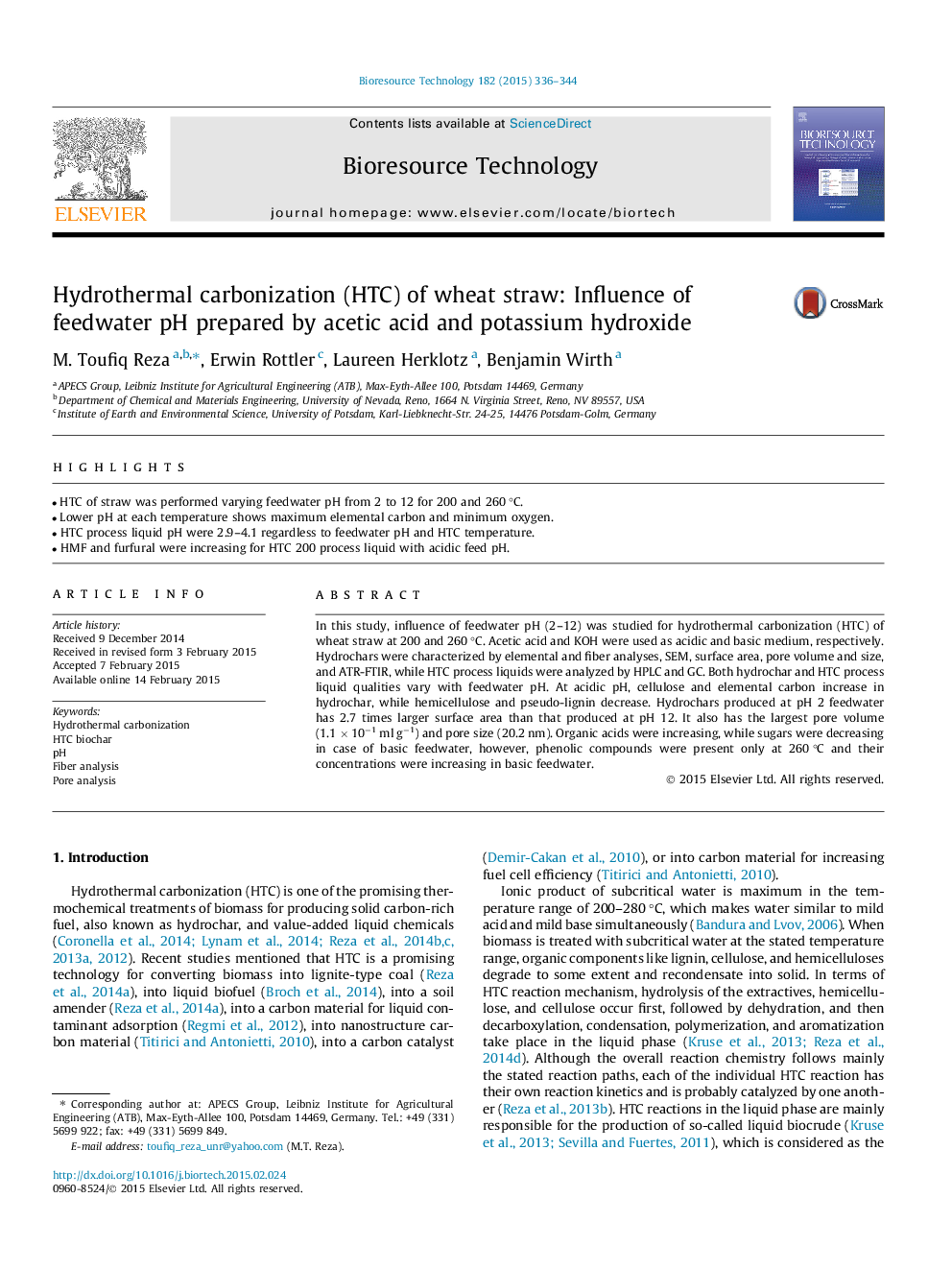 Hydrothermal carbonization (HTC) of wheat straw: Influence of feedwater pH prepared by acetic acid and potassium hydroxide