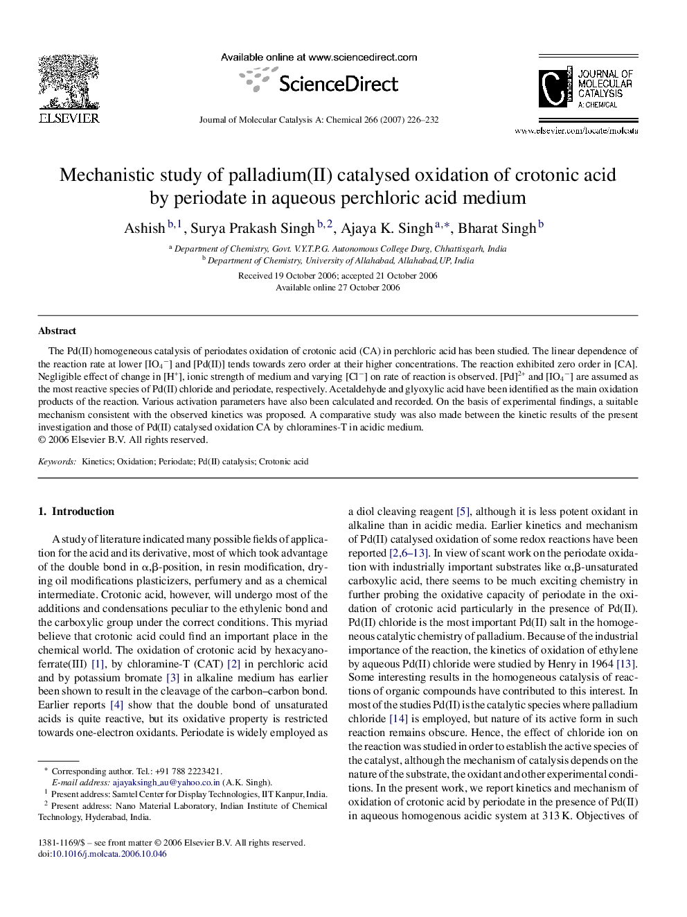 Mechanistic study of palladium(II) catalysed oxidation of crotonic acid by periodate in aqueous perchloric acid medium