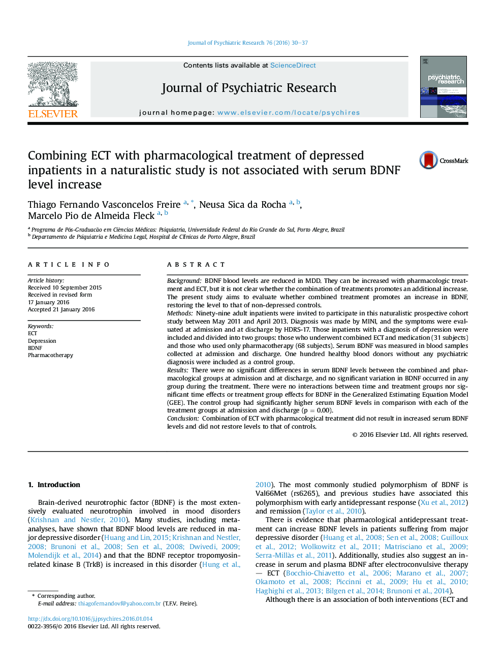 Combining ECT with pharmacological treatment of depressed inpatients in a naturalistic study is not associated with serum BDNF level increase