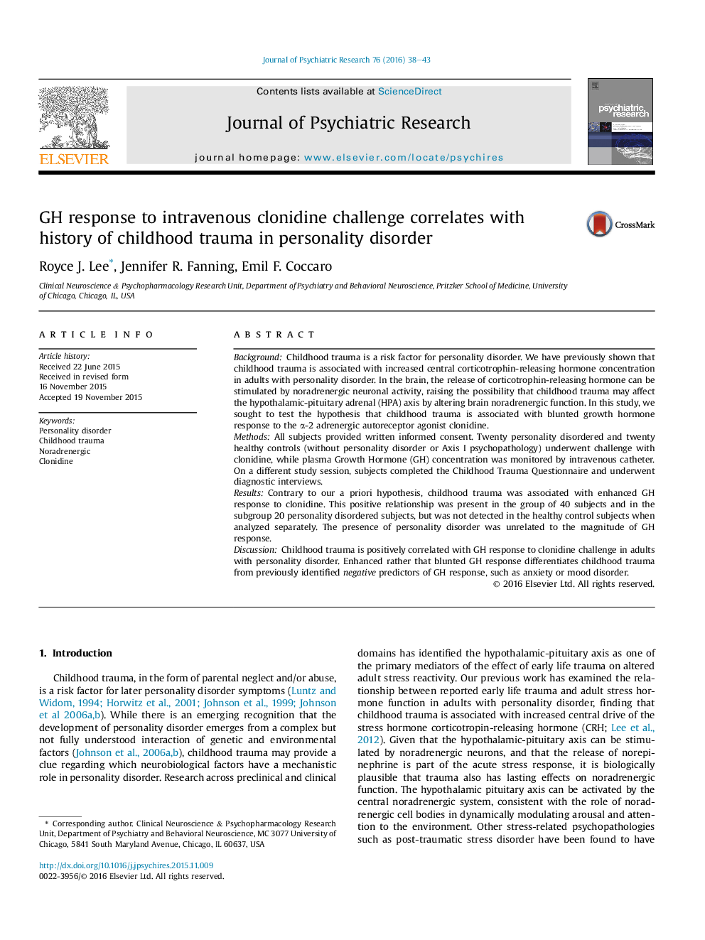 GH response to intravenous clonidine challenge correlates with history of childhood trauma in personality disorder