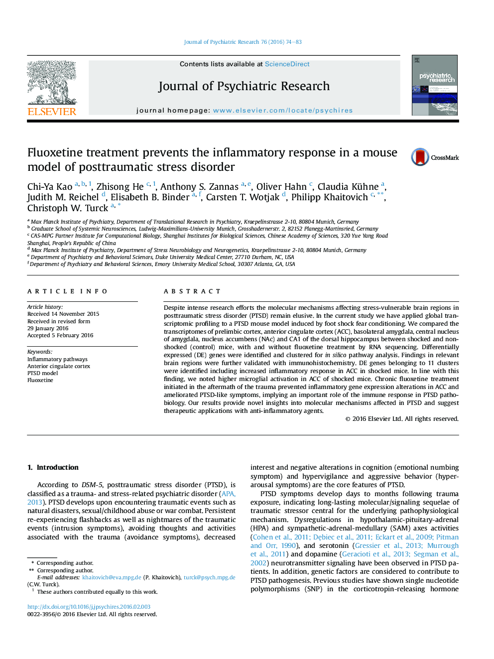 Fluoxetine treatment prevents the inflammatory response in a mouse model of posttraumatic stress disorder