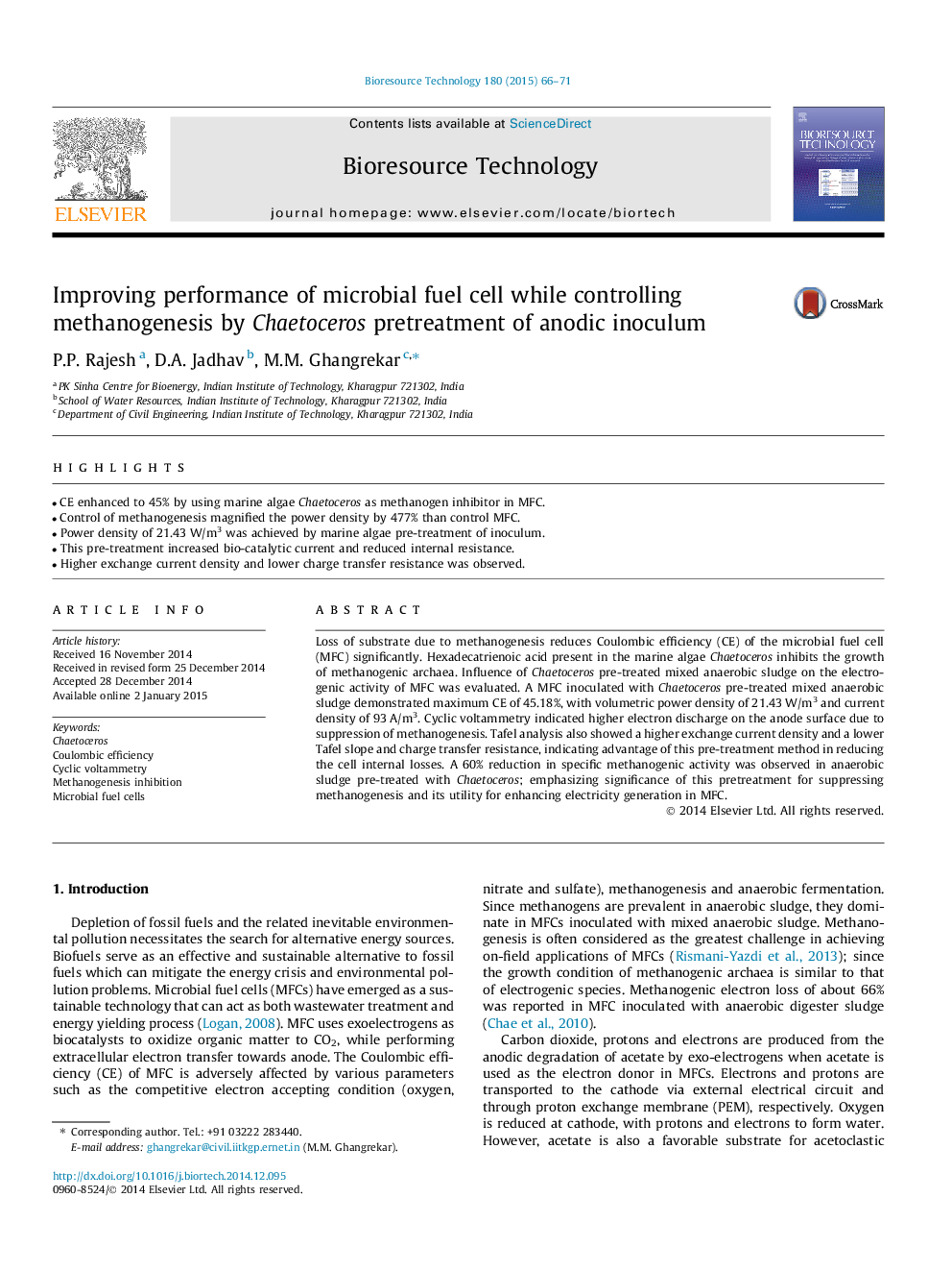 عکس صفحه اول مقاله: Improving performance of microbial fuel cell while controlling methanogenesis by Chaetoceros pretreatment of anodic inoculum Improving performance of microbial fuel cell while controlling methanogenesis by Chaetoceros pretreatment of anodic inoculum