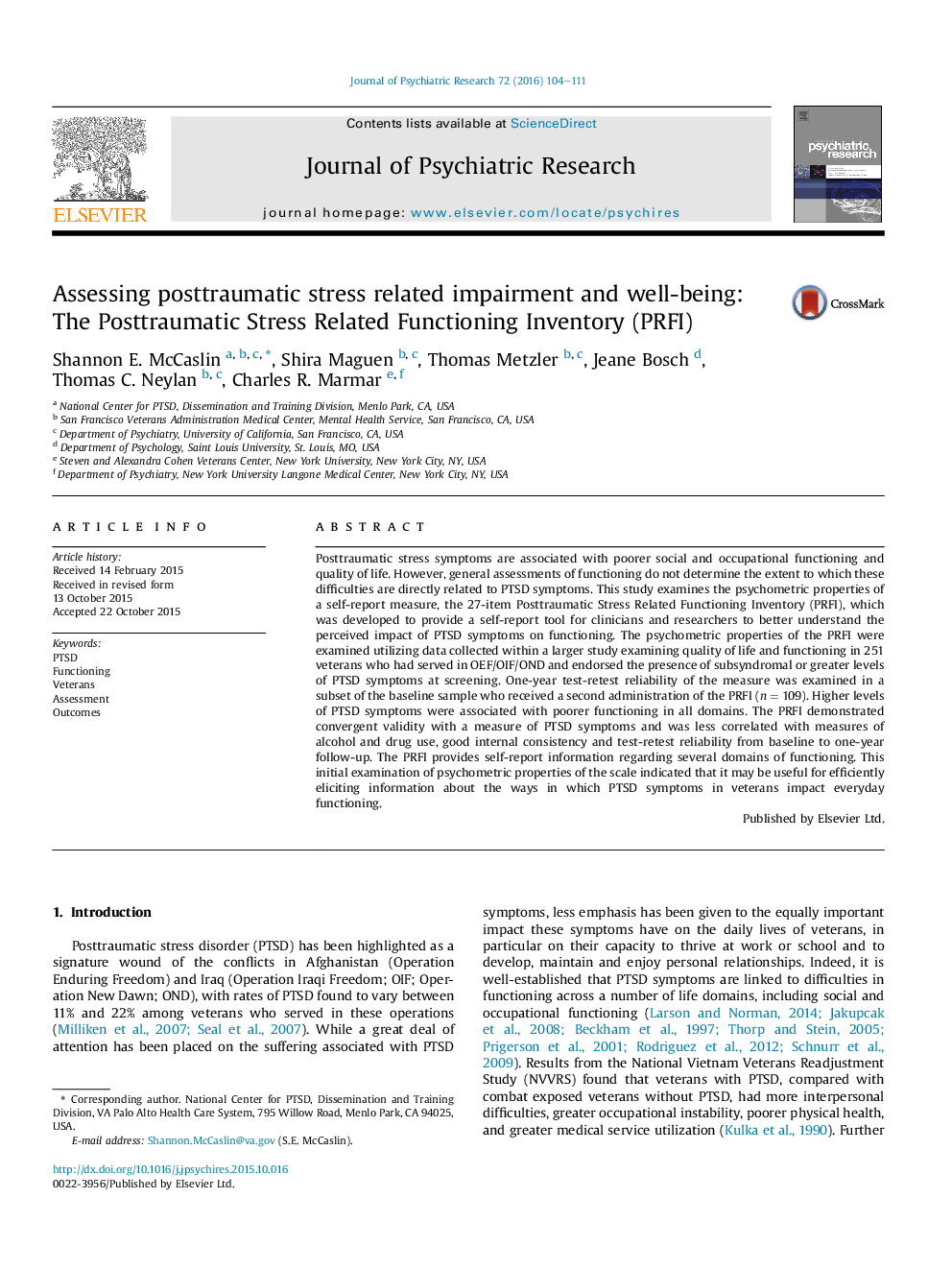 Assessing posttraumatic stress related impairment and well-being: The Posttraumatic Stress Related Functioning Inventory (PRFI)