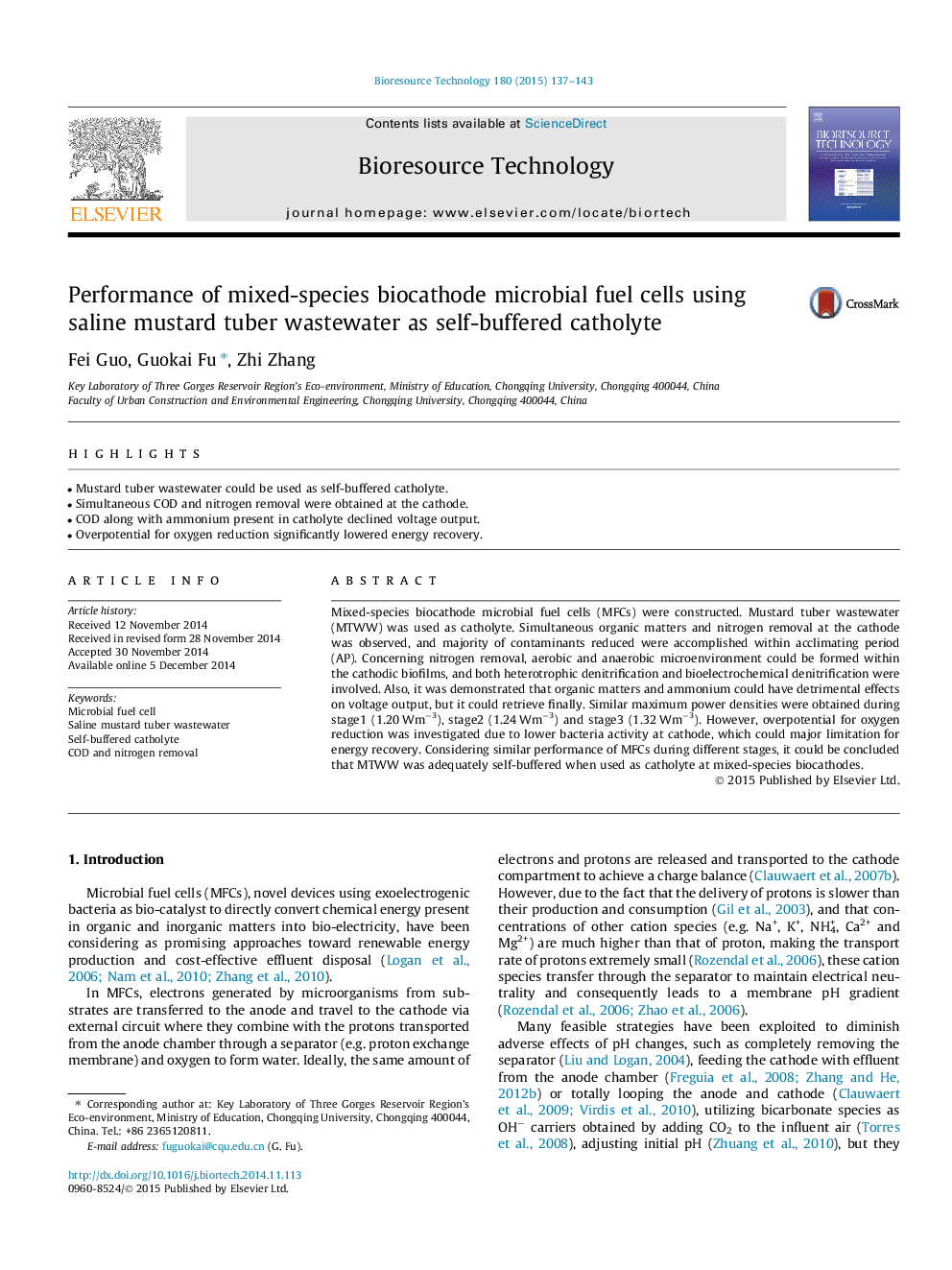 Performance of mixed-species biocathode microbial fuel cells using saline mustard tuber wastewater as self-buffered catholyte